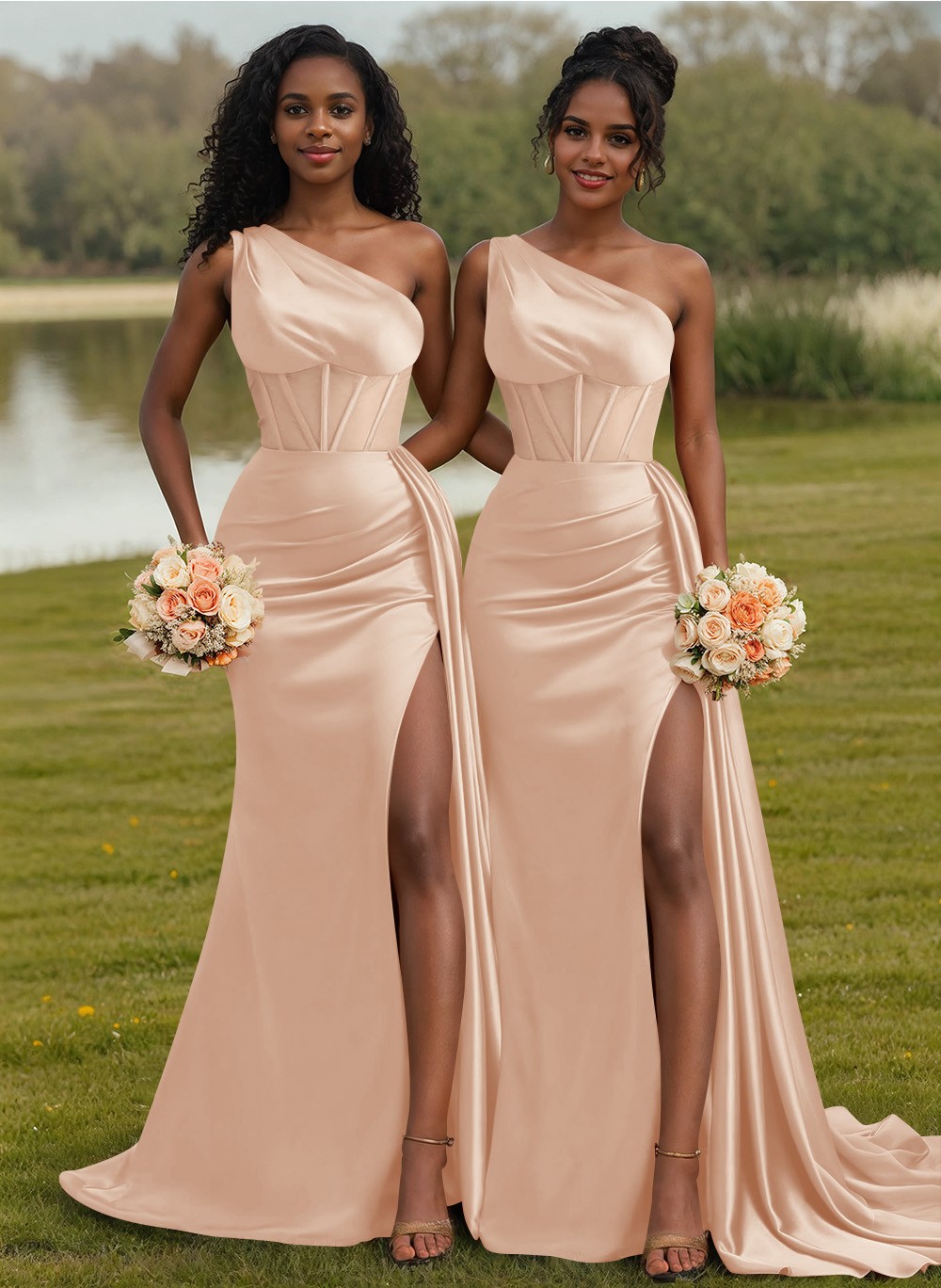Trumpet/Mermaid One-Shoulder Silk Like Satin Bridesmaid Dresses With High Split, product image 93