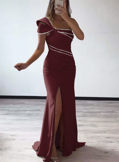 Trumpet/Mermaid One-Shoulder Elastic Satin Bridesmaid Dresses With Beading