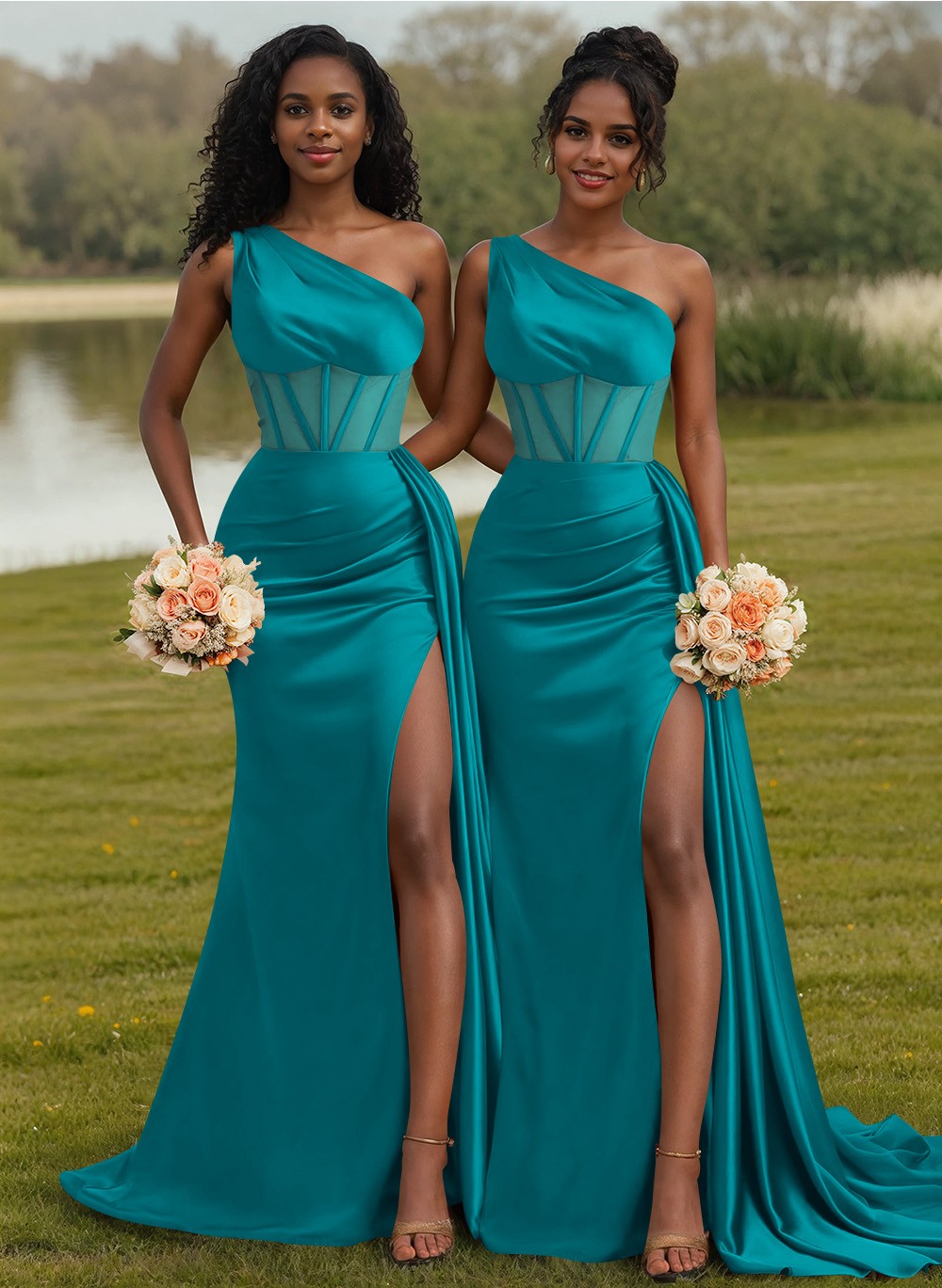 Trumpet/Mermaid One-Shoulder Silk Like Satin Bridesmaid Dresses With High Split, product image 101