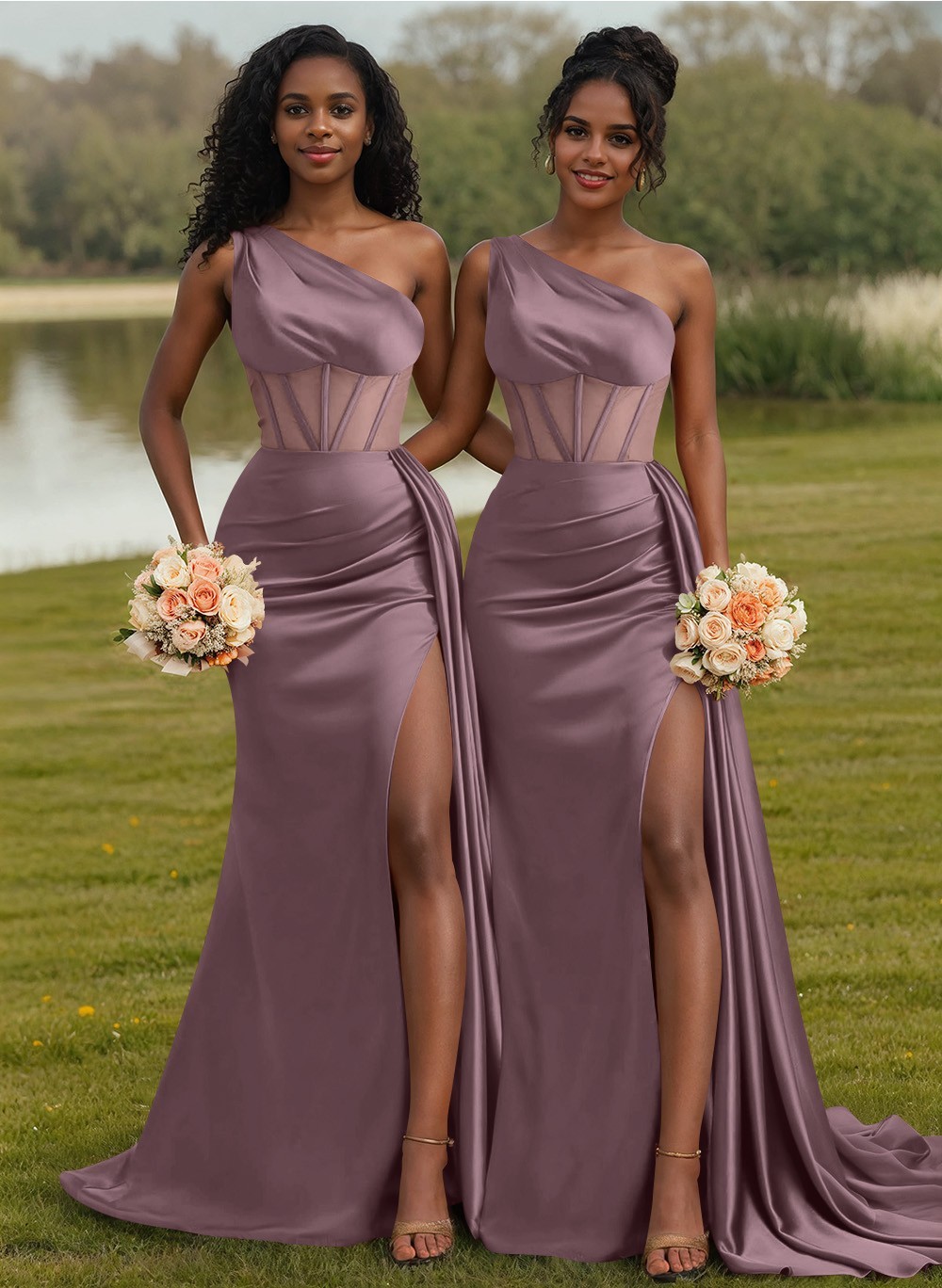Trumpet/Mermaid One-Shoulder Silk Like Satin Bridesmaid Dresses With High Split, product image 39