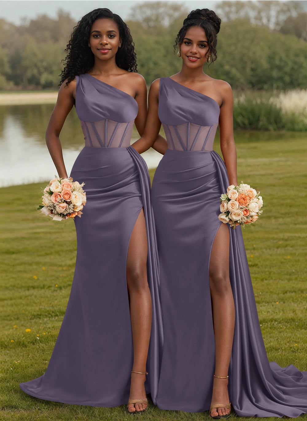 Trumpet/Mermaid One-Shoulder Silk Like Satin Bridesmaid Dresses With High Split, product image 23