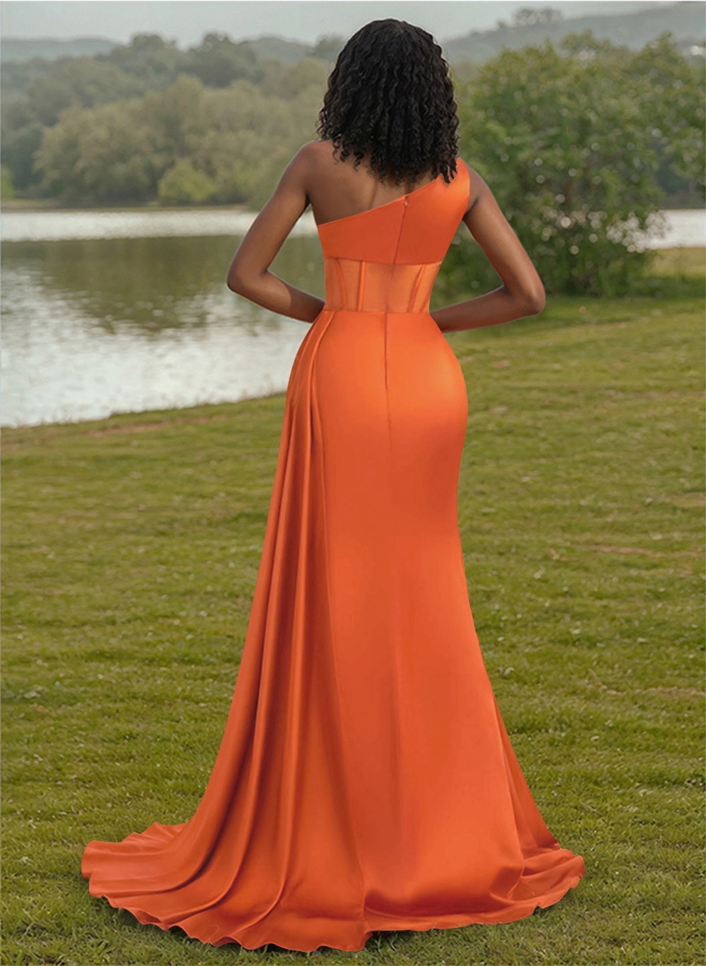 Trumpet/Mermaid One-Shoulder Silk Like Satin Bridesmaid Dresses With High Split, product image 2