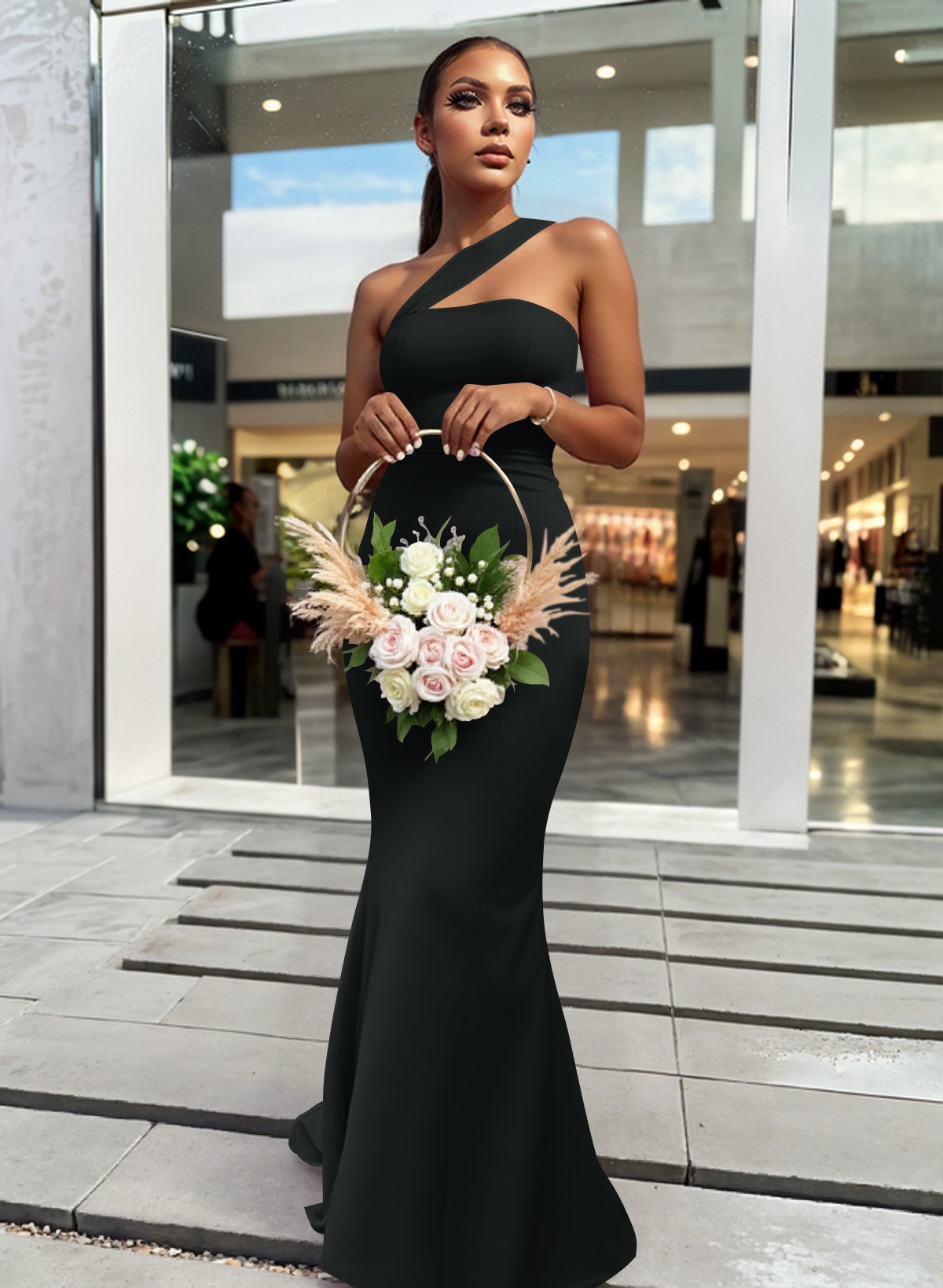 One-Shoulder Trumpet/Mermaid Pink Elastic Satin Bridesmaid Dresses, product image 9