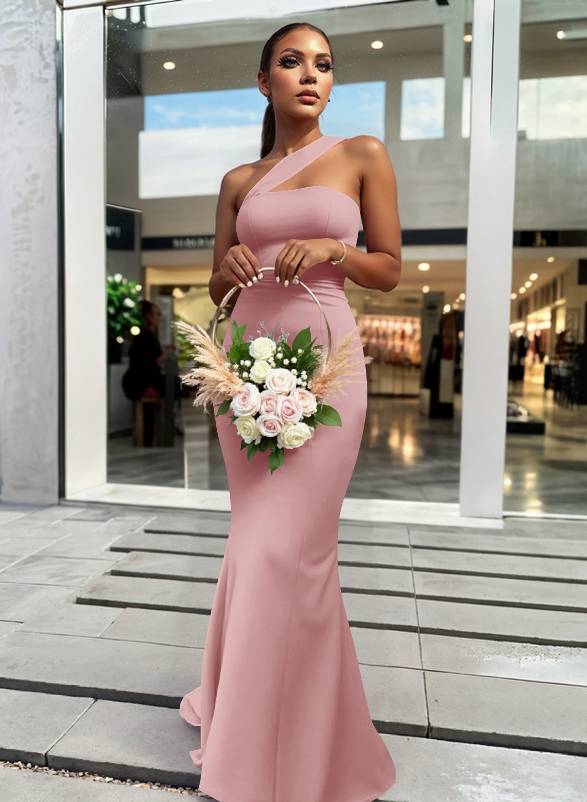 One-Shoulder Trumpet/Mermaid Pink Elastic Satin Bridesmaid Dresses, product image 57