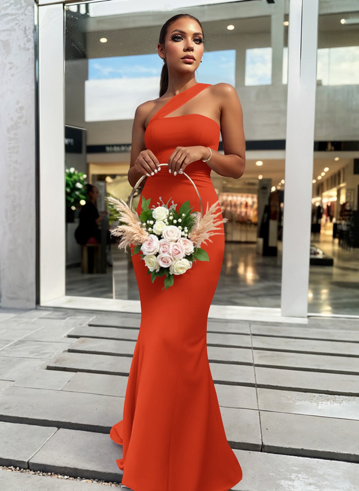 One-Shoulder Trumpet/Mermaid Pink Elastic Satin Bridesmaid Dresses, product image 153