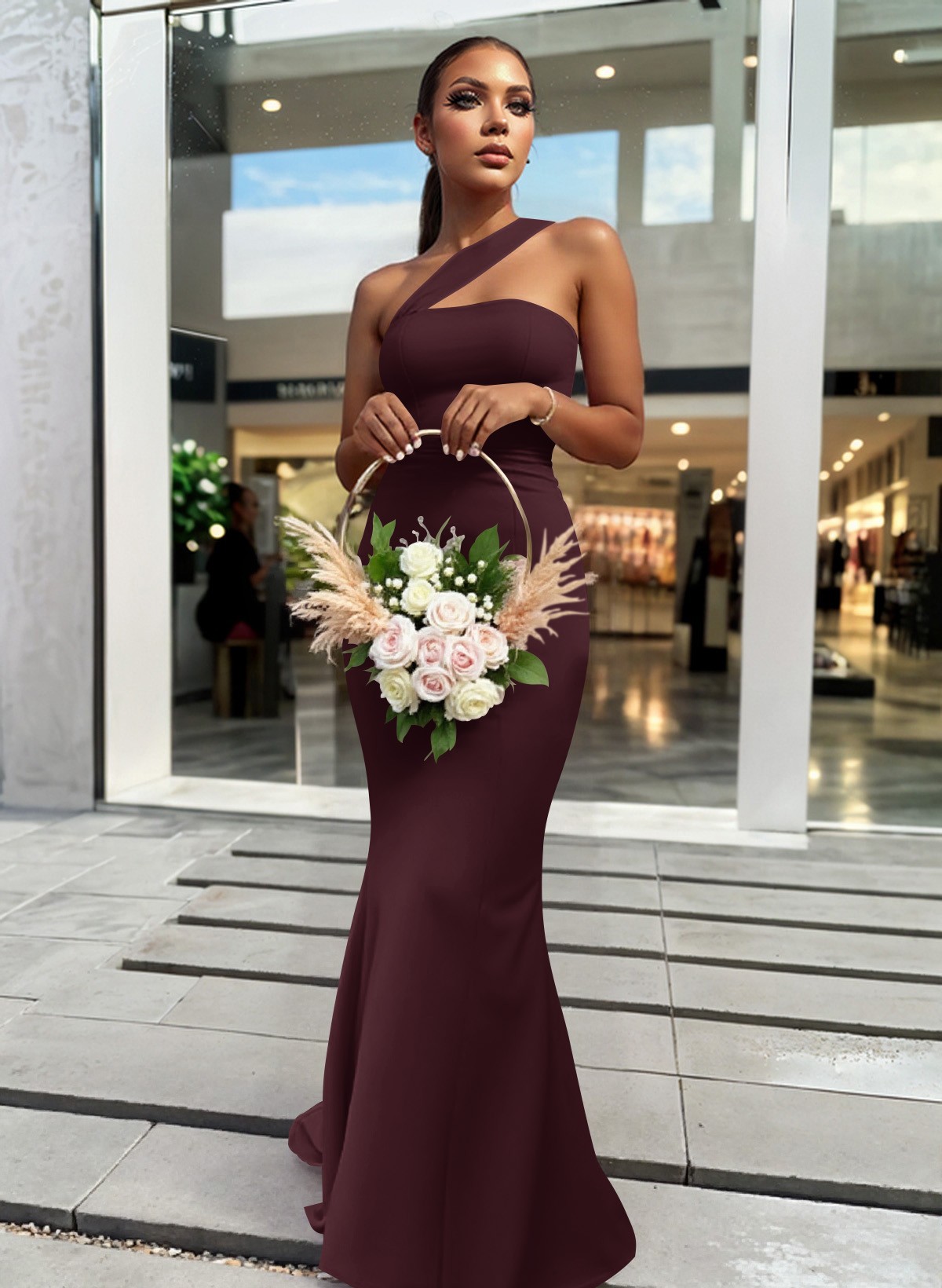 One-Shoulder Trumpet/Mermaid Pink Elastic Satin Bridesmaid Dresses, product image 78