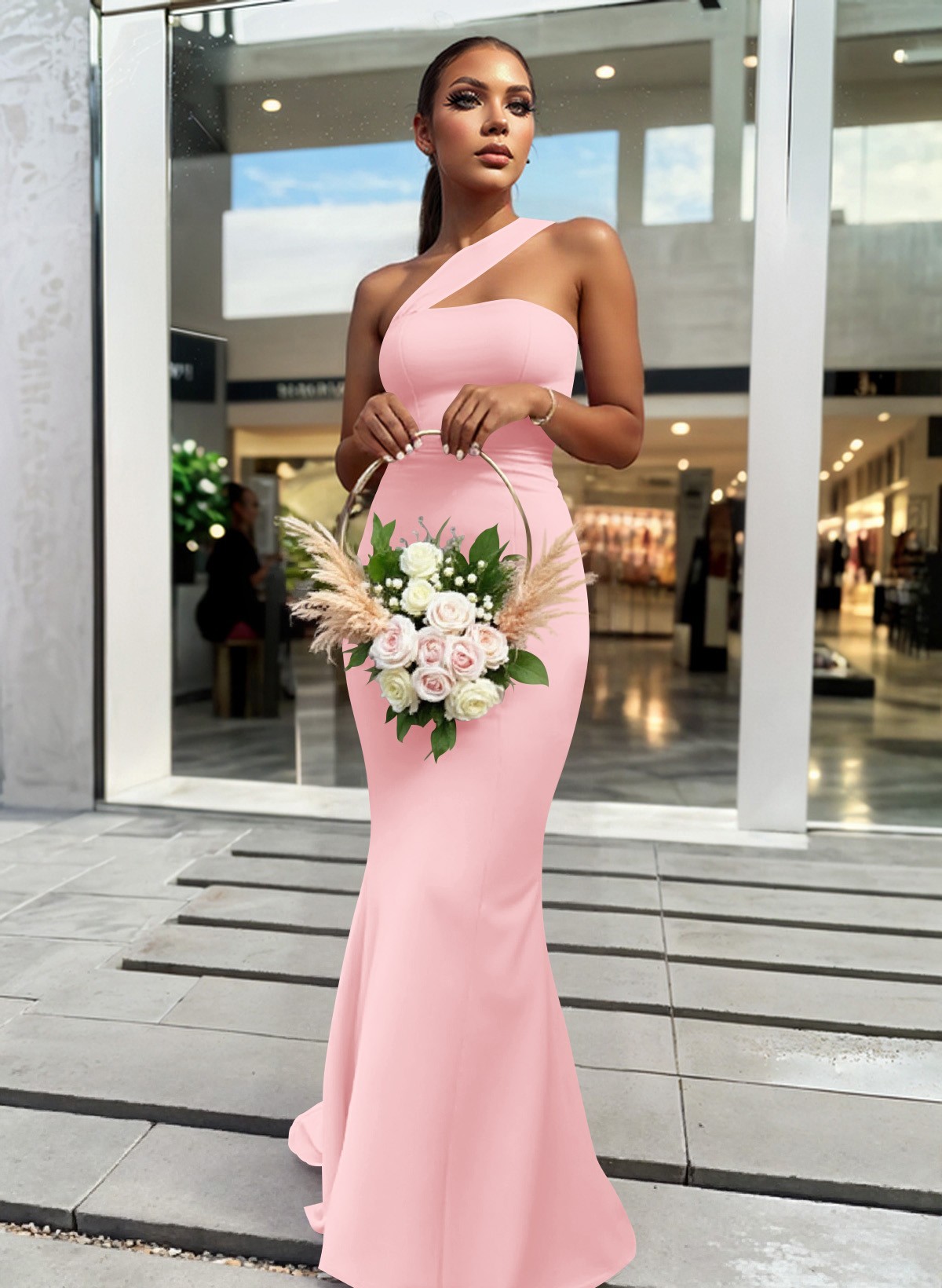 One-Shoulder Trumpet/Mermaid Pink Elastic Satin Bridesmaid Dresses, product image 69