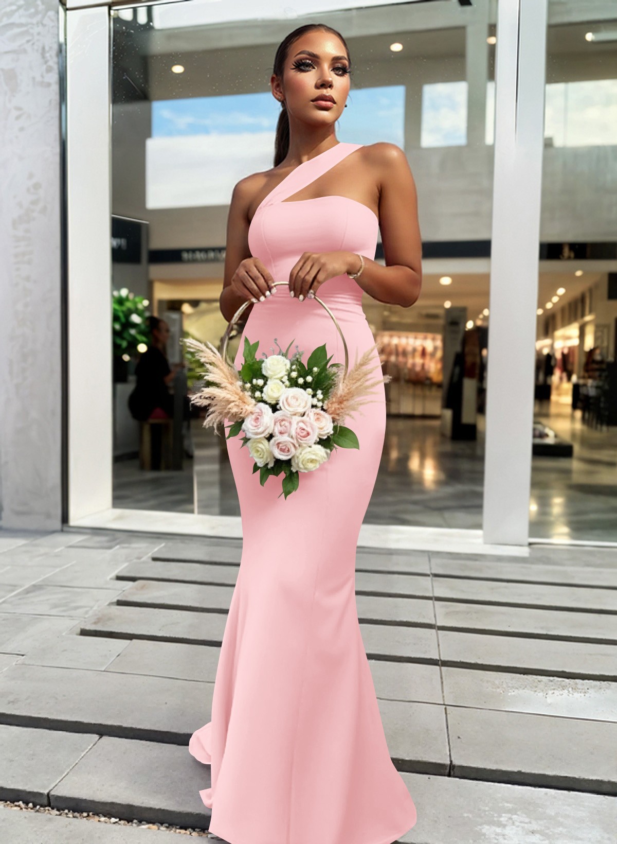 One-Shoulder Trumpet/Mermaid Pink Elastic Satin Bridesmaid Dresses, product image 69