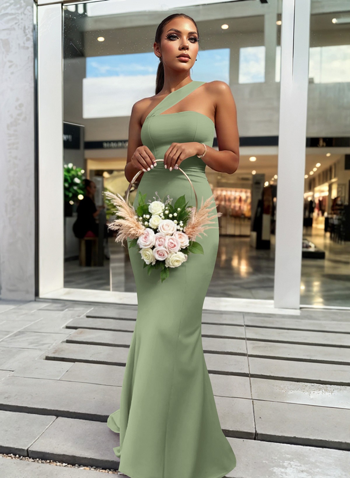 One-Shoulder Trumpet/Mermaid Pink Elastic Satin Bridesmaid Dresses, product image 111