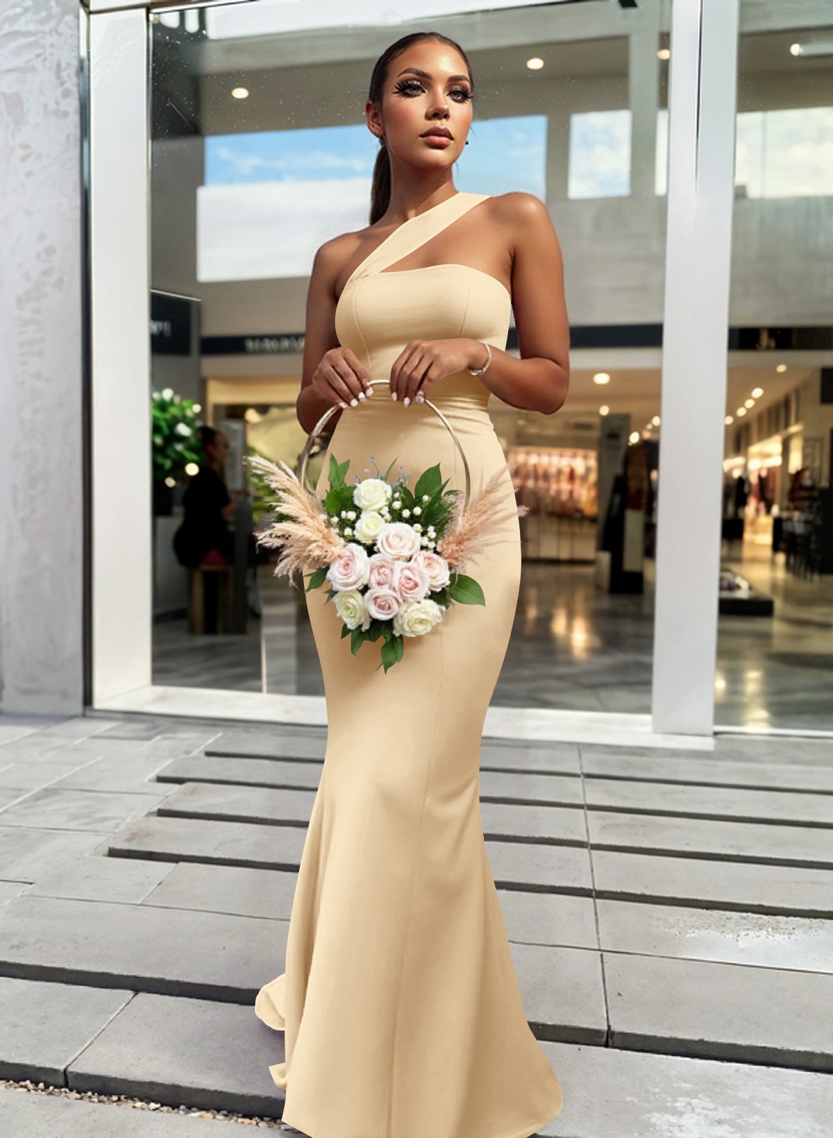 One-Shoulder Trumpet/Mermaid Pink Elastic Satin Bridesmaid Dresses, product image 12