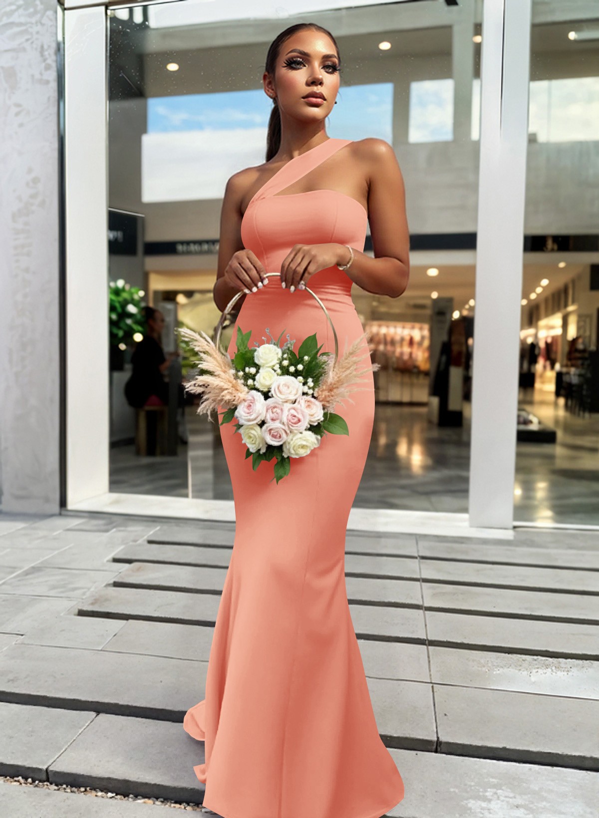 One-Shoulder Trumpet/Mermaid Pink Elastic Satin Bridesmaid Dresses, product image 63