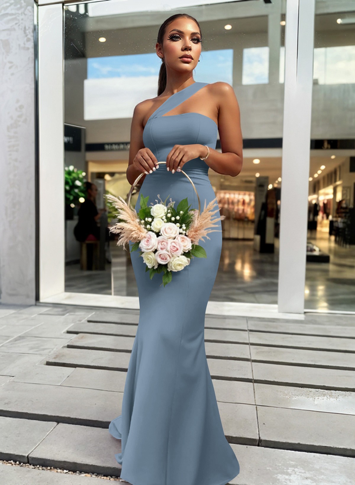 One-Shoulder Trumpet/Mermaid Pink Elastic Satin Bridesmaid Dresses, product image 30