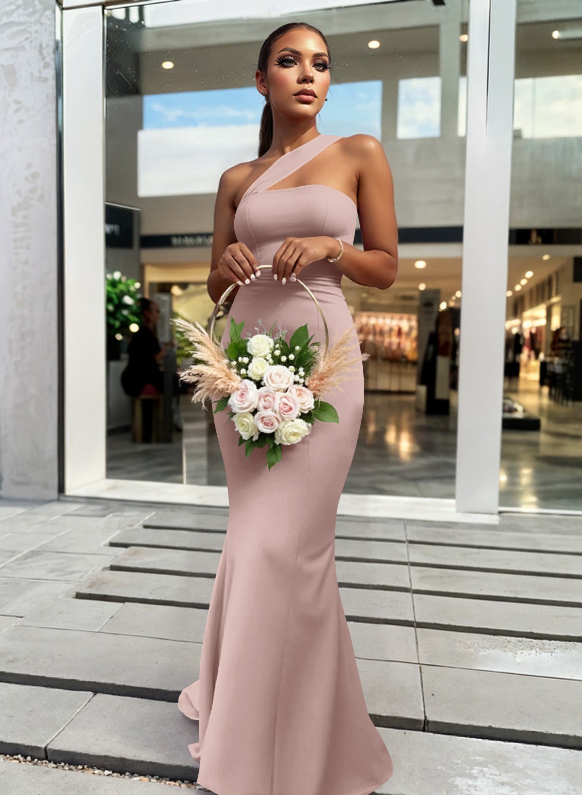 One-Shoulder Trumpet/Mermaid Pink Elastic Satin Bridesmaid Dresses, product image 51