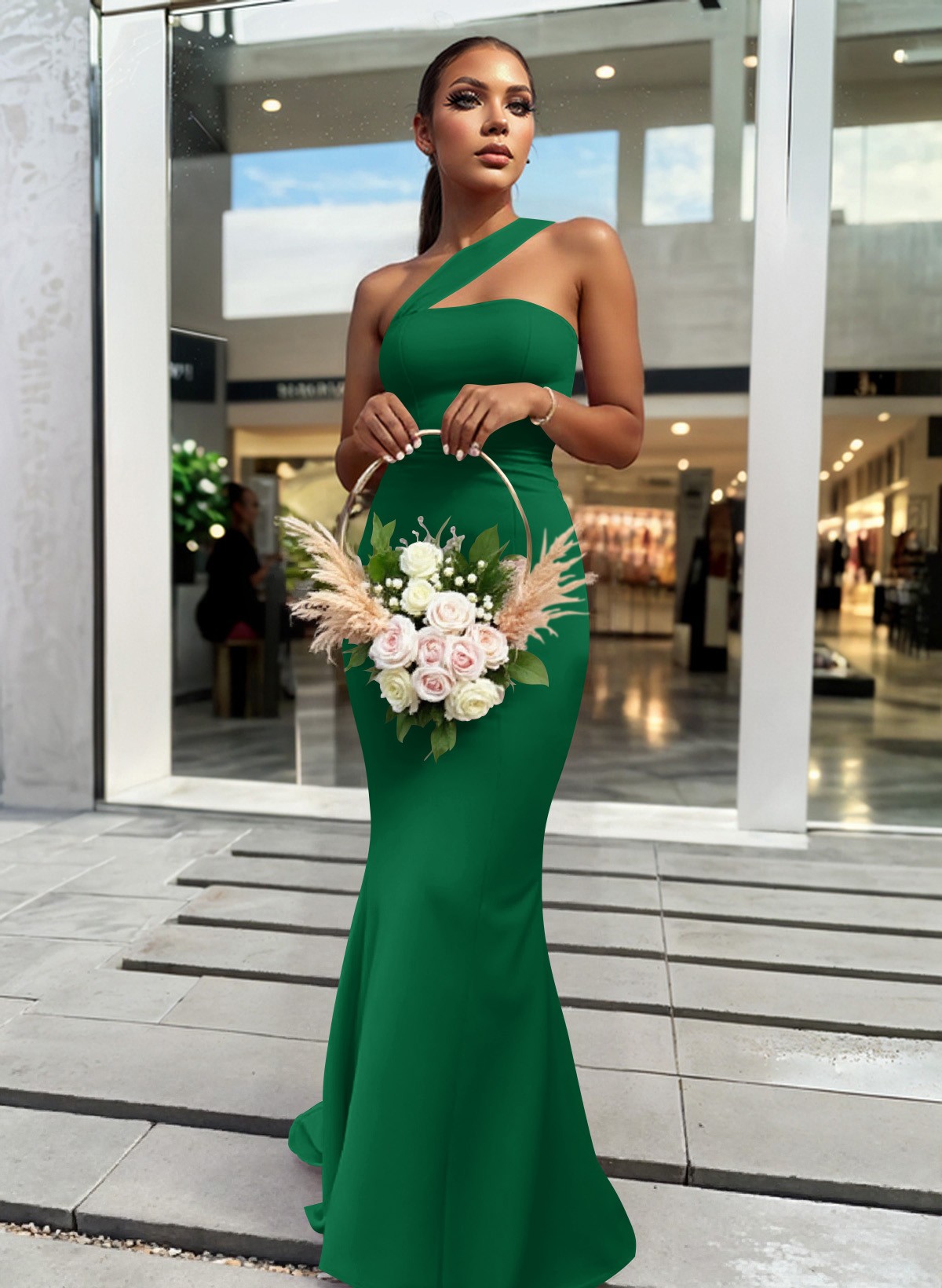 One-Shoulder Trumpet/Mermaid Pink Elastic Satin Bridesmaid Dresses, product image 123