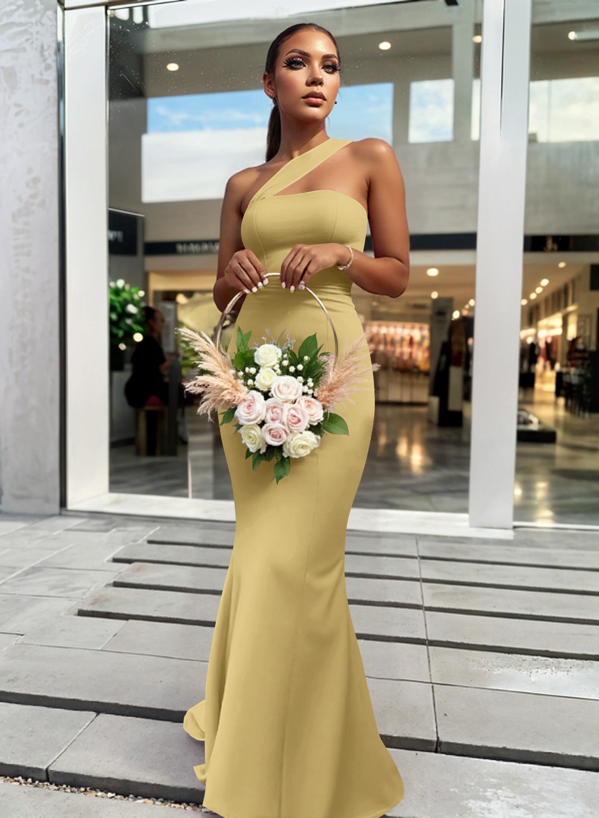 One-Shoulder Trumpet/Mermaid Pink Elastic Satin Bridesmaid Dresses, product image 144