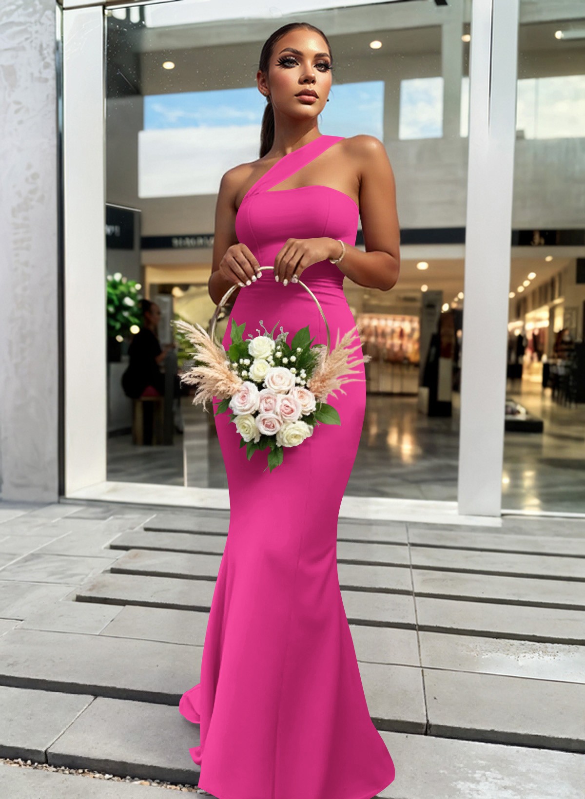 One-Shoulder Trumpet/Mermaid Pink Elastic Satin Bridesmaid Dresses, product image 48