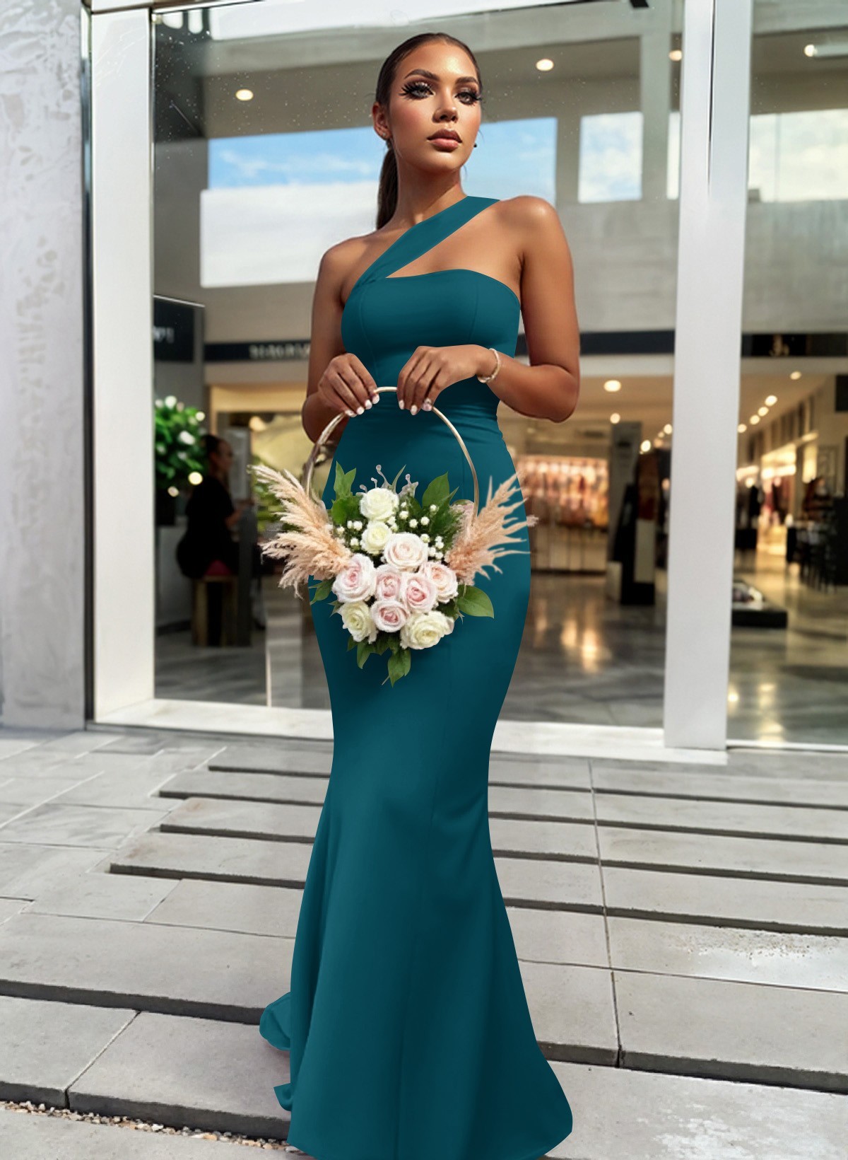 One-Shoulder Trumpet/Mermaid Pink Elastic Satin Bridesmaid Dresses, product image 36