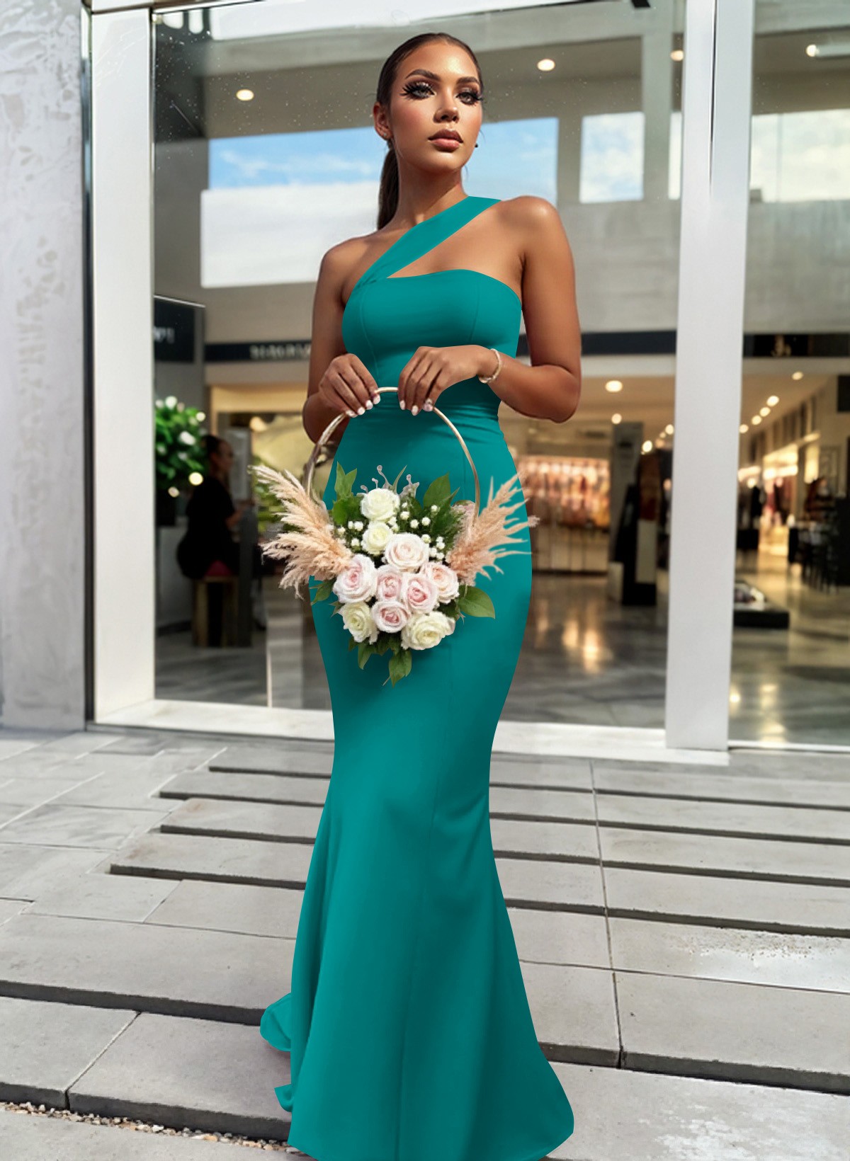 One-Shoulder Trumpet/Mermaid Pink Elastic Satin Bridesmaid Dresses, product image 126