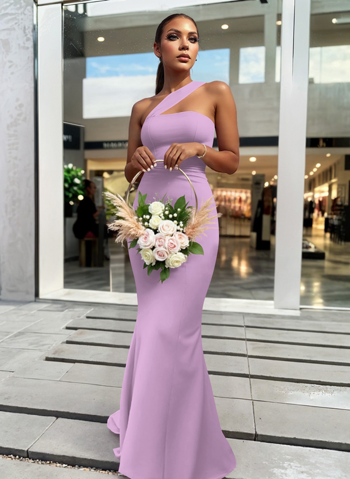 One-Shoulder Trumpet/Mermaid Pink Elastic Satin Bridesmaid Dresses, product image 99