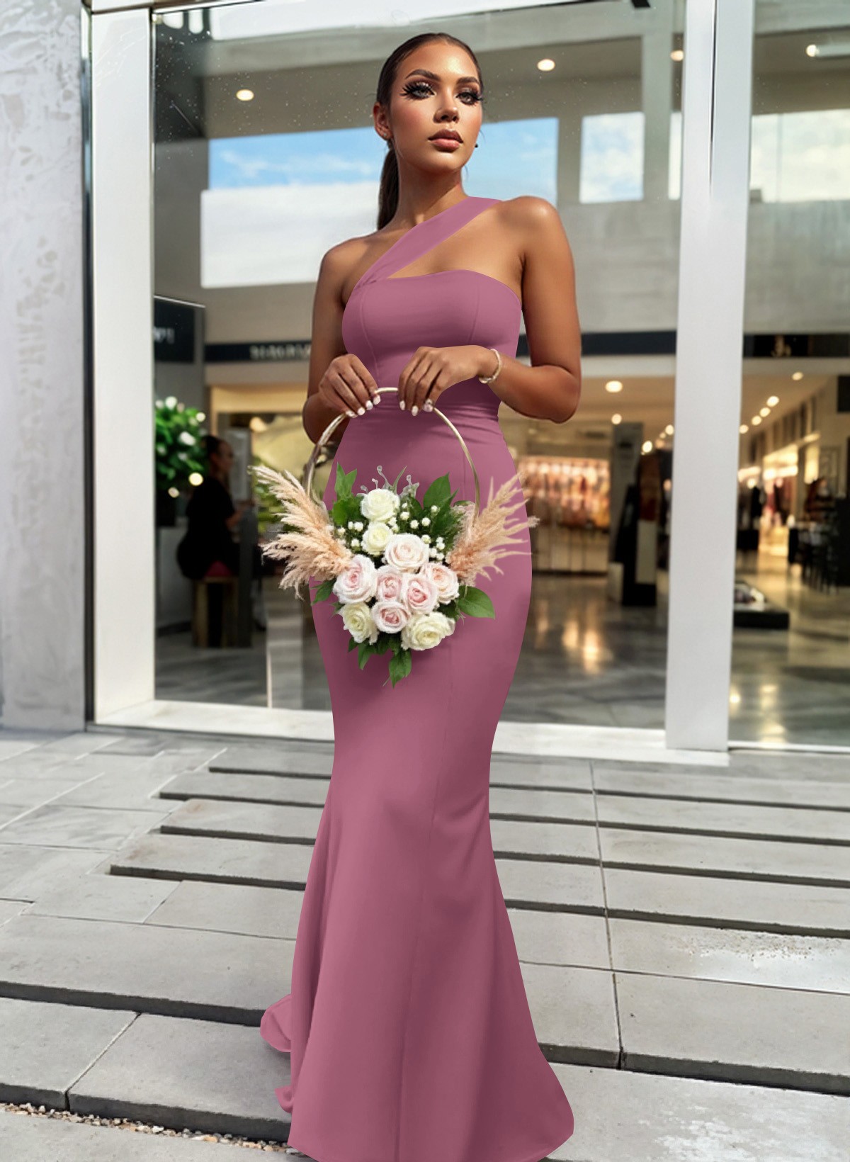One-Shoulder Trumpet/Mermaid Pink Elastic Satin Bridesmaid Dresses, product image 96