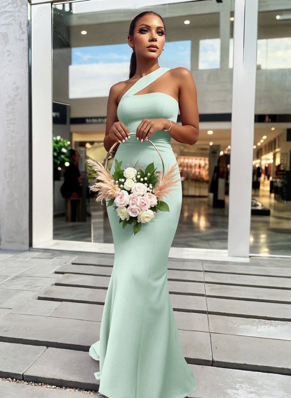 One-Shoulder Trumpet/Mermaid Pink Elastic Satin Bridesmaid Dresses, product image 129