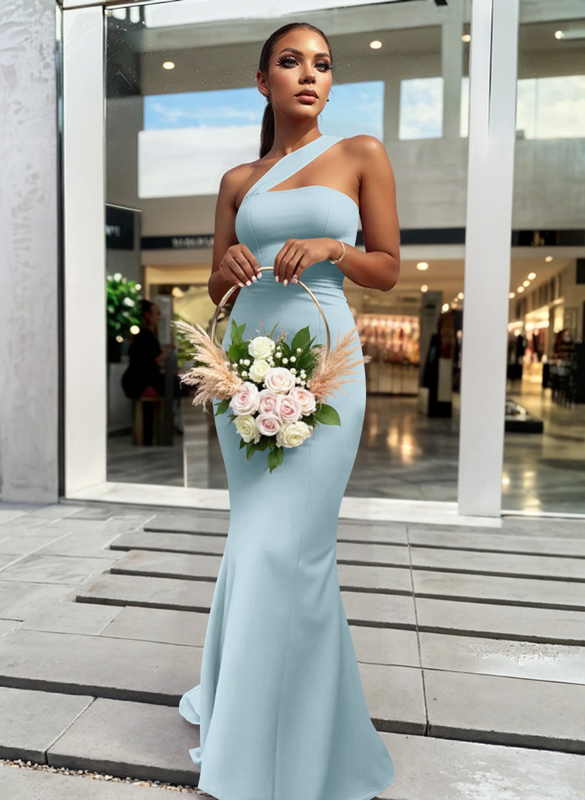 One-Shoulder Trumpet/Mermaid Pink Elastic Satin Bridesmaid Dresses, product image 132