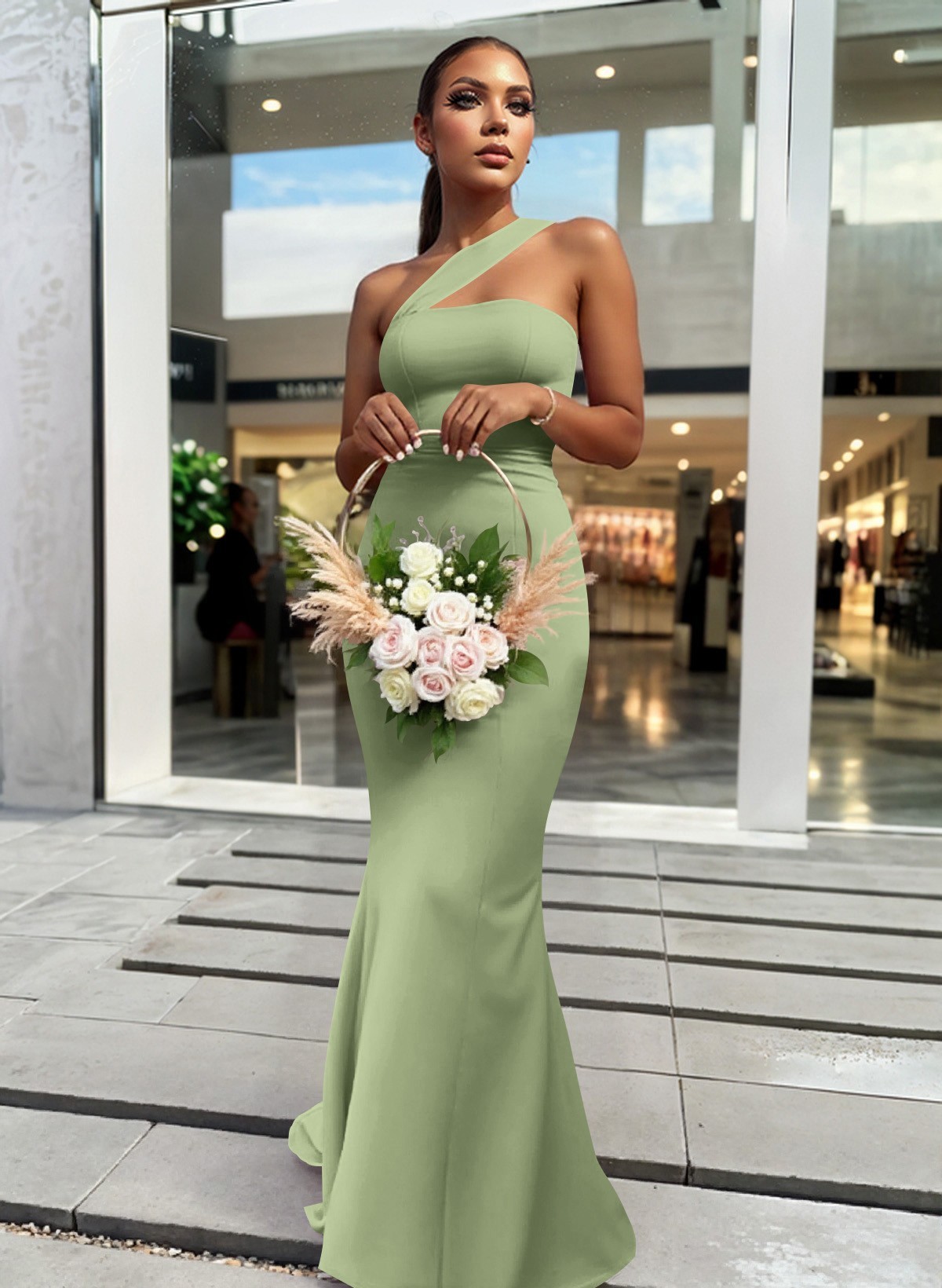 One-Shoulder Trumpet/Mermaid Pink Elastic Satin Bridesmaid Dresses, product image 171