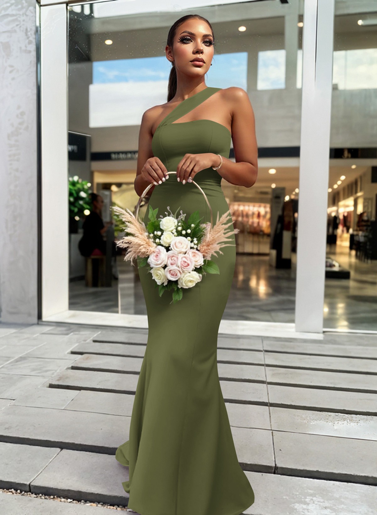 One-Shoulder Trumpet/Mermaid Pink Elastic Satin Bridesmaid Dresses, product image 120