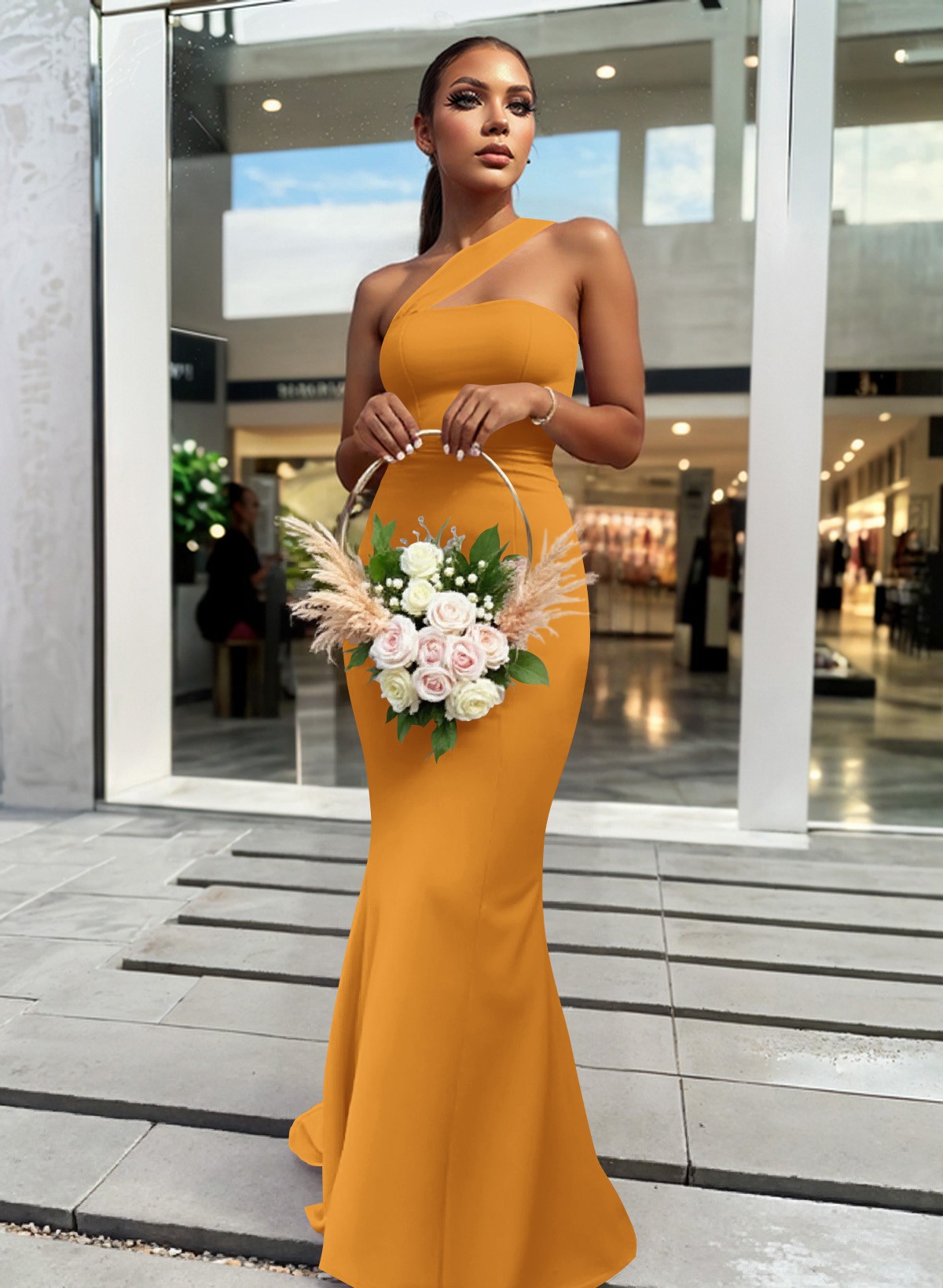 One-Shoulder Trumpet/Mermaid Pink Elastic Satin Bridesmaid Dresses, product image 150