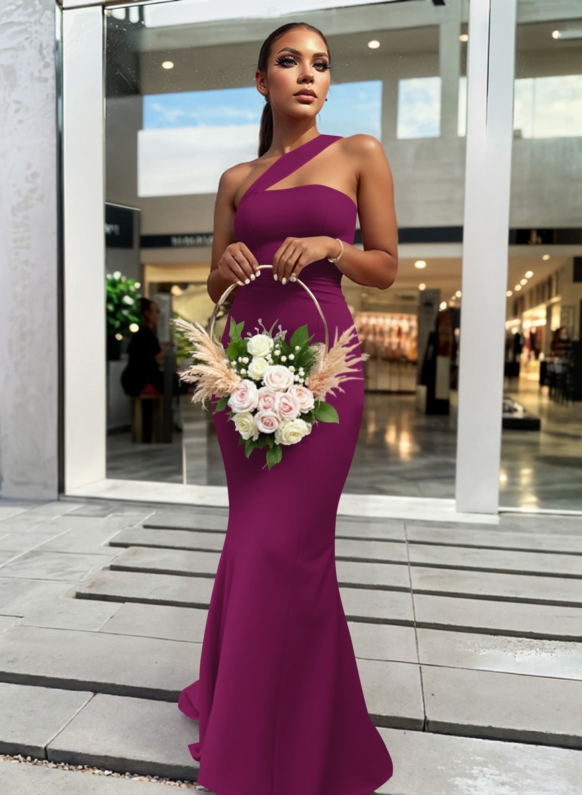 One-Shoulder Trumpet/Mermaid Pink Elastic Satin Bridesmaid Dresses, product image 84