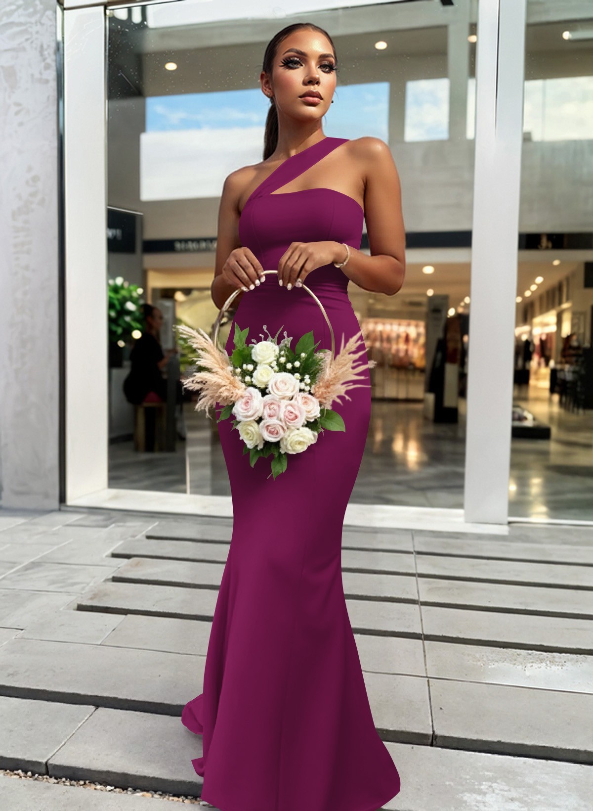 One-Shoulder Trumpet/Mermaid Pink Elastic Satin Bridesmaid Dresses, product image 84