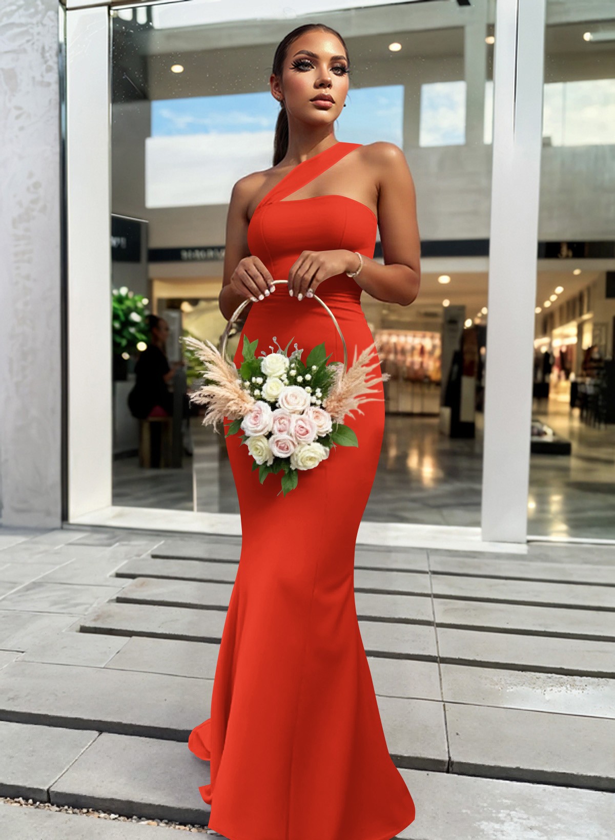 One-Shoulder Trumpet/Mermaid Pink Elastic Satin Bridesmaid Dresses, product image 156