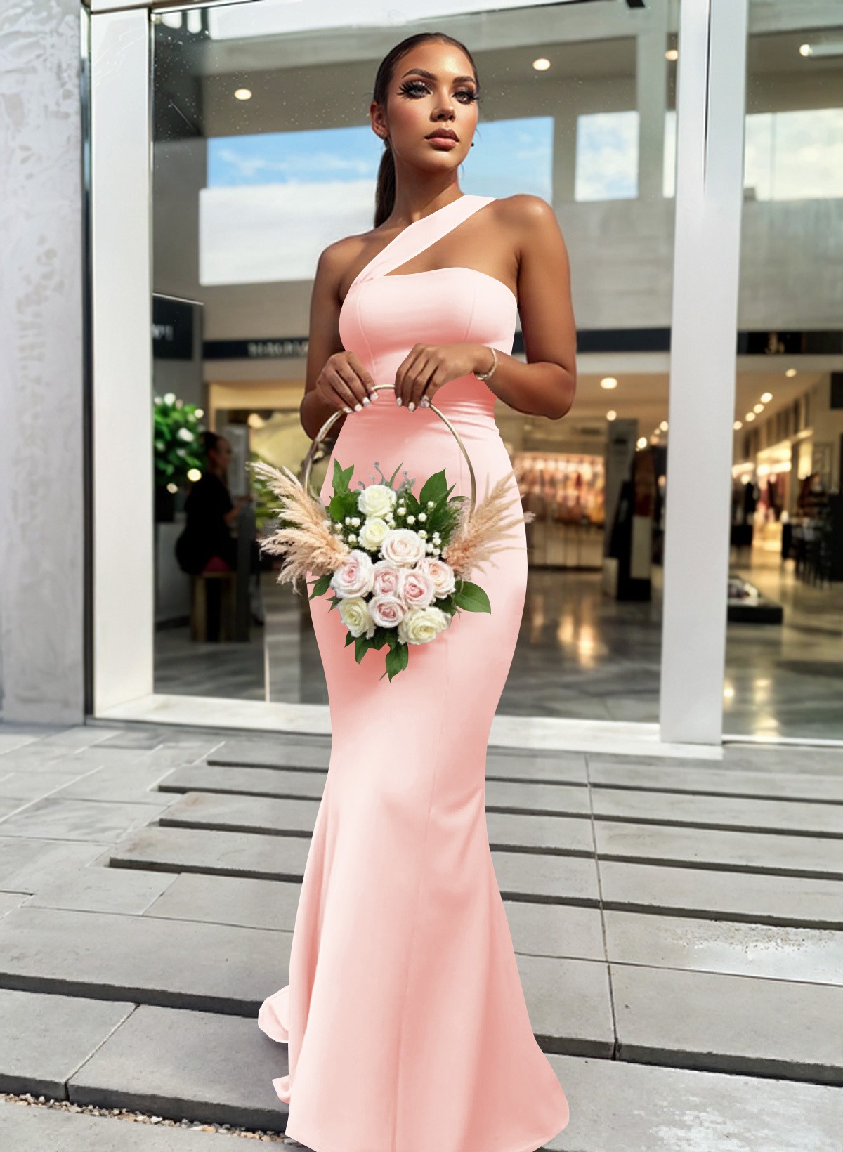 One-Shoulder Trumpet/Mermaid Pink Elastic Satin Bridesmaid Dresses, product image 60