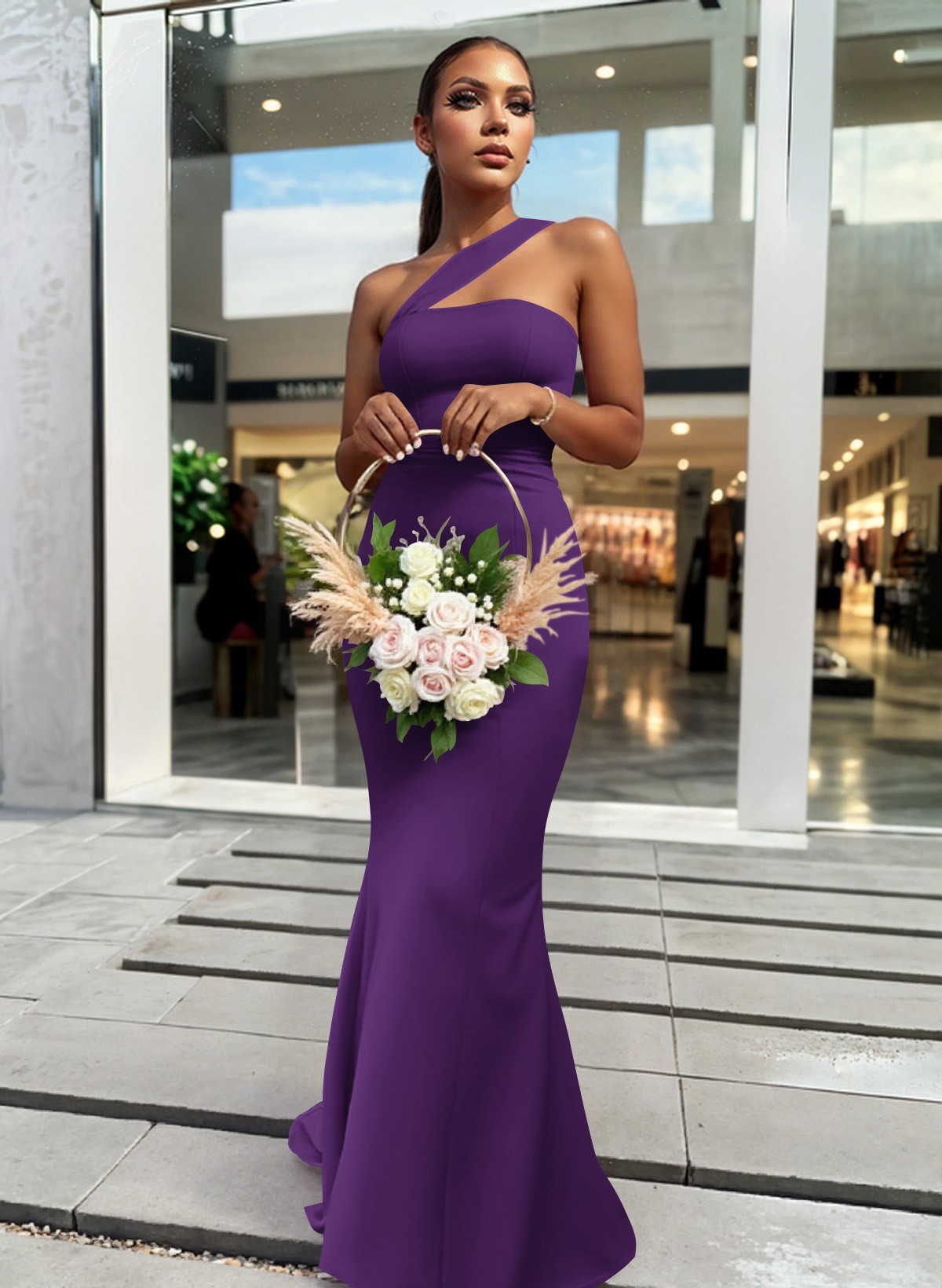 One-Shoulder Trumpet/Mermaid Pink Elastic Satin Bridesmaid Dresses, product image 87