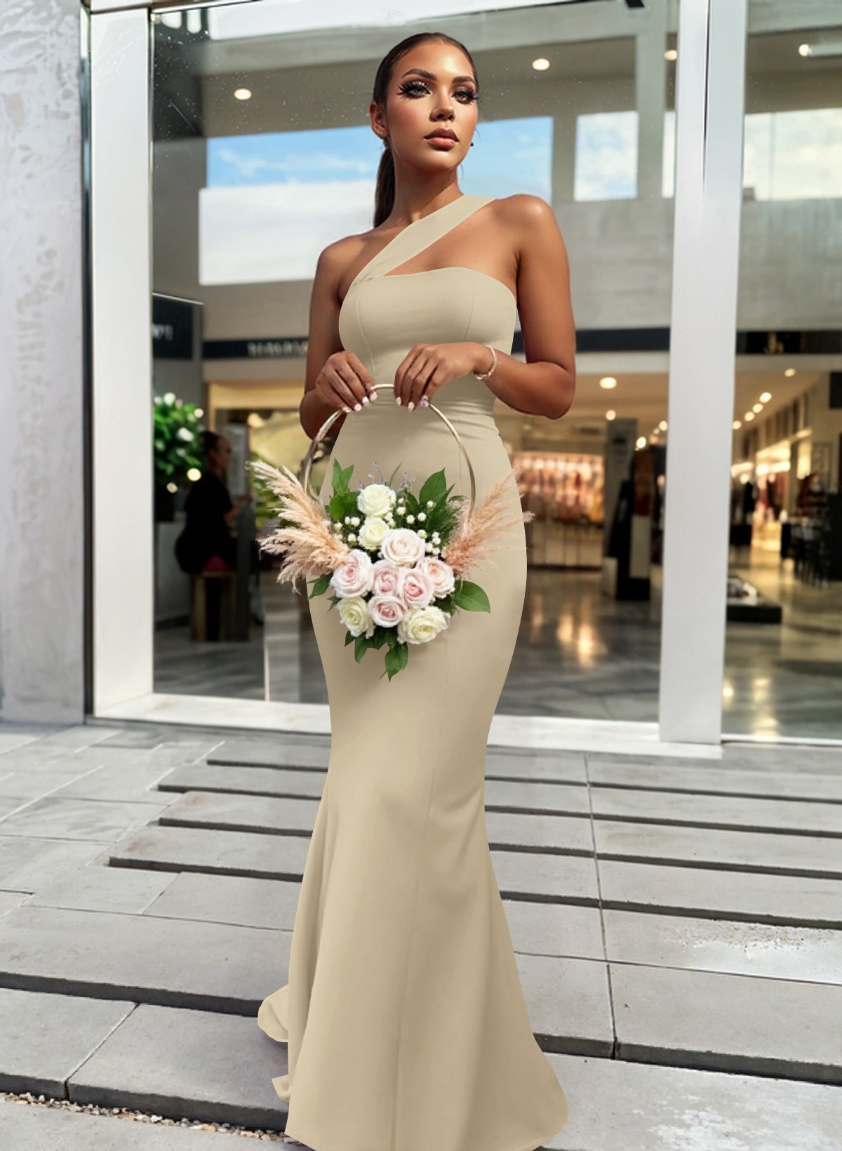 One-Shoulder Trumpet/Mermaid Pink Elastic Satin Bridesmaid Dresses, product image 147