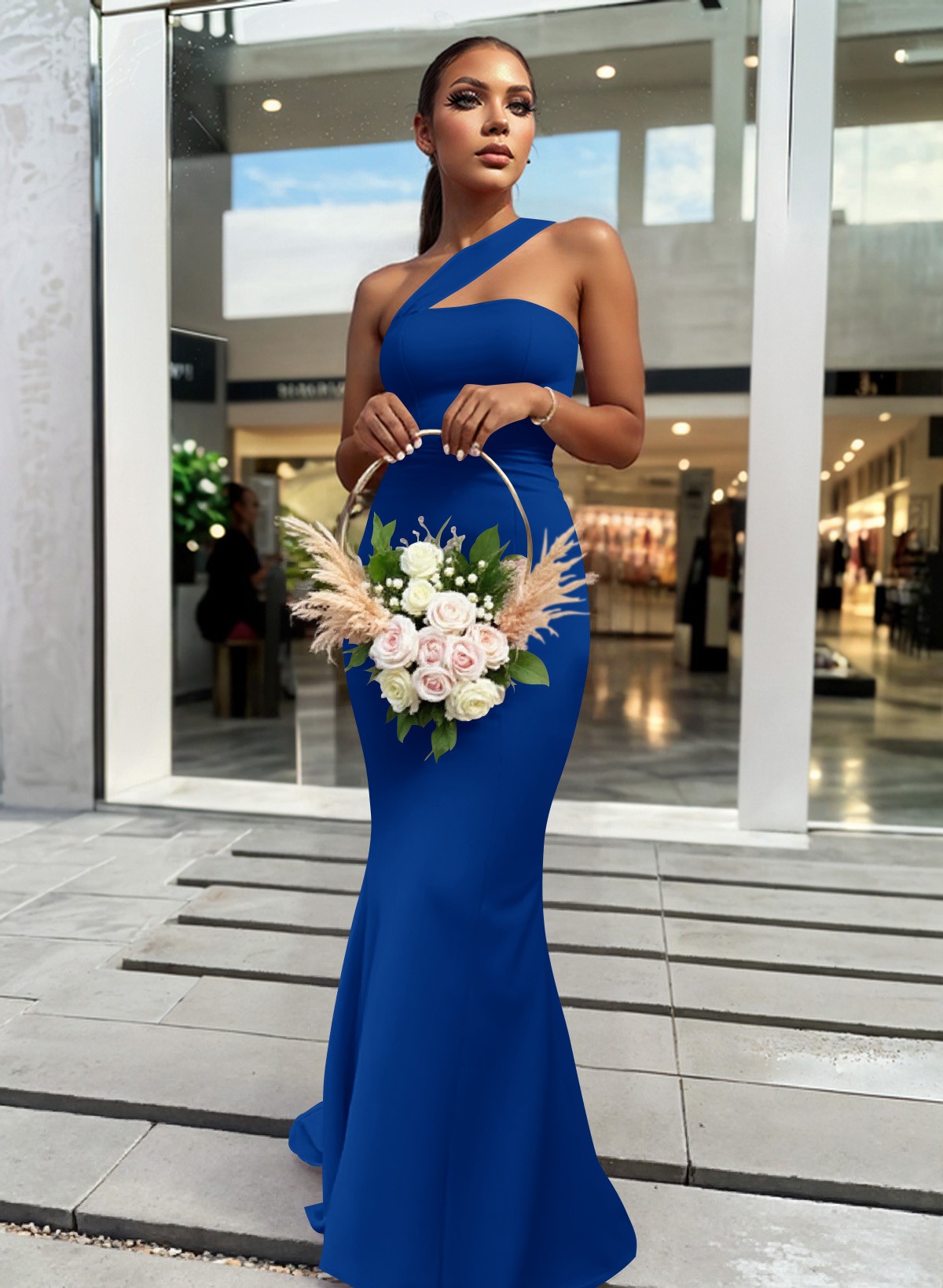 One-Shoulder Trumpet/Mermaid Pink Elastic Satin Bridesmaid Dresses, product image 21