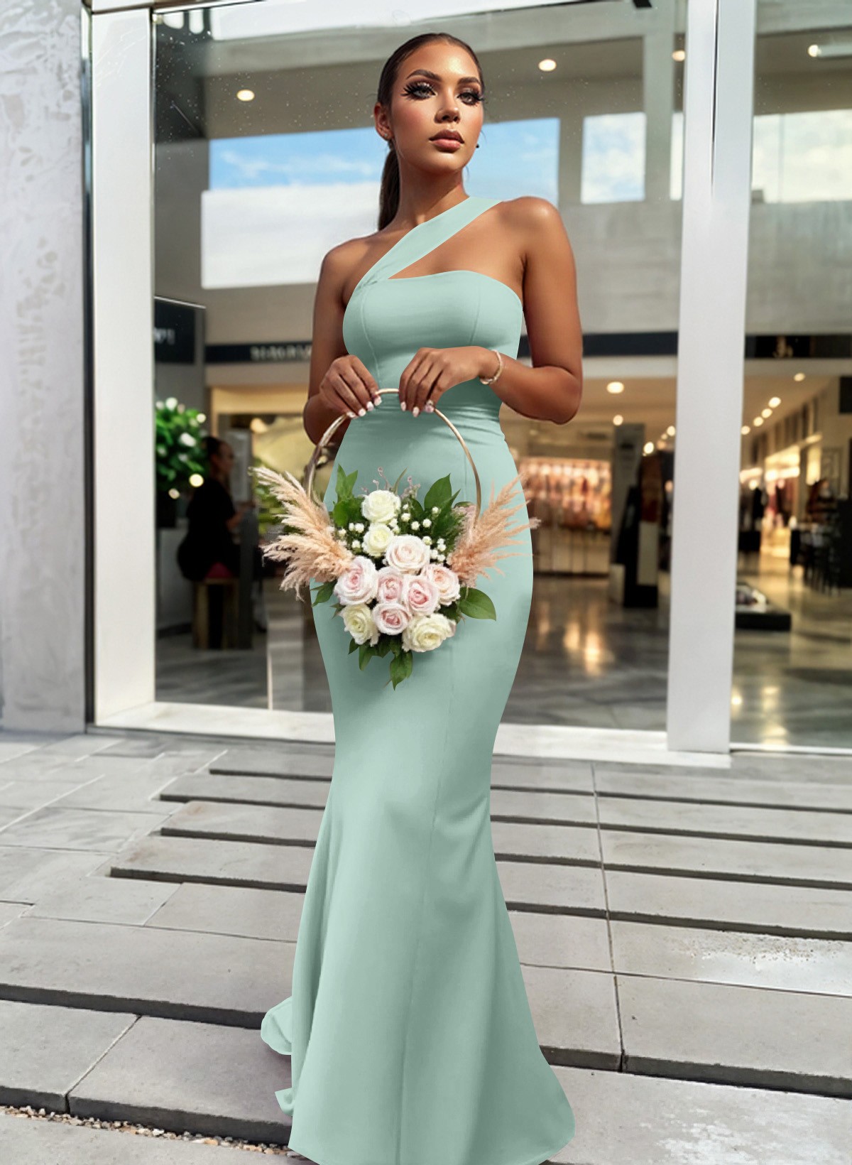 One-Shoulder Trumpet/Mermaid Pink Elastic Satin Bridesmaid Dresses, product image 108