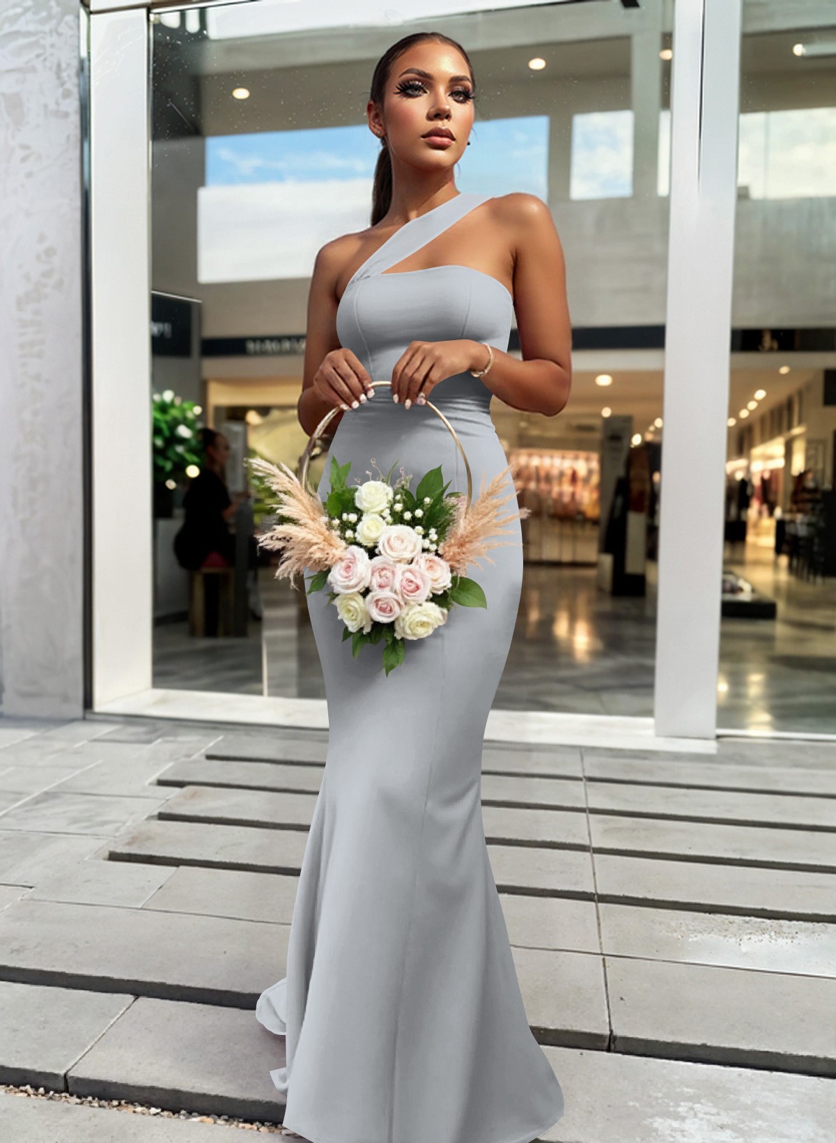 One-Shoulder Trumpet/Mermaid Pink Elastic Satin Bridesmaid Dresses, product image 165