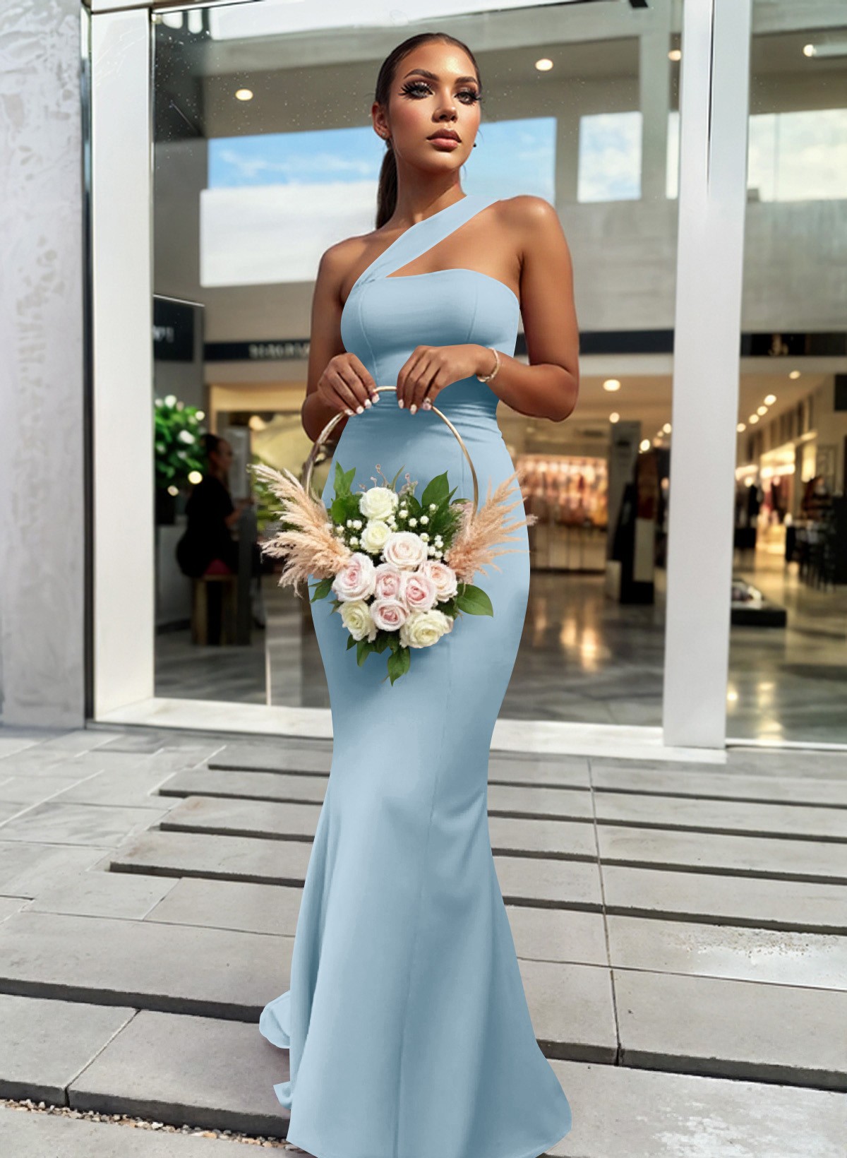 One-Shoulder Trumpet/Mermaid Pink Elastic Satin Bridesmaid Dresses, product image 33