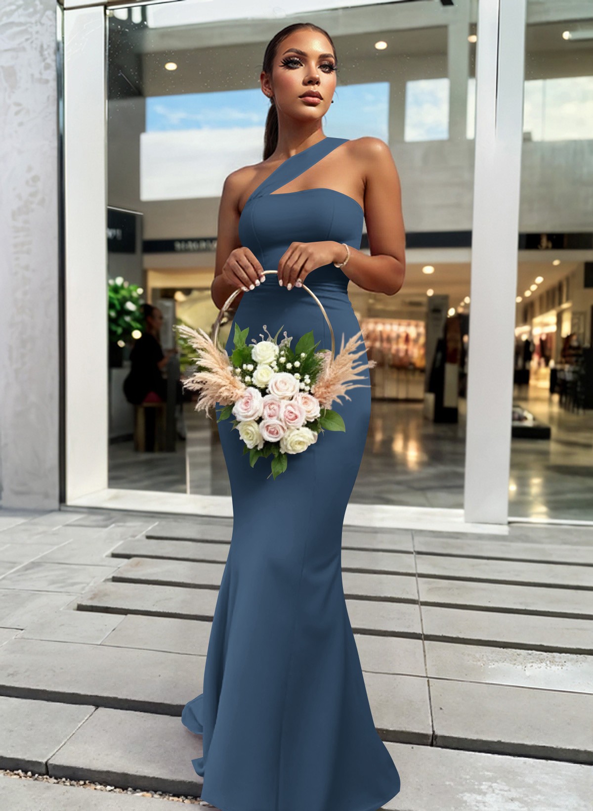 One-Shoulder Trumpet/Mermaid Pink Elastic Satin Bridesmaid Dresses, product image 24