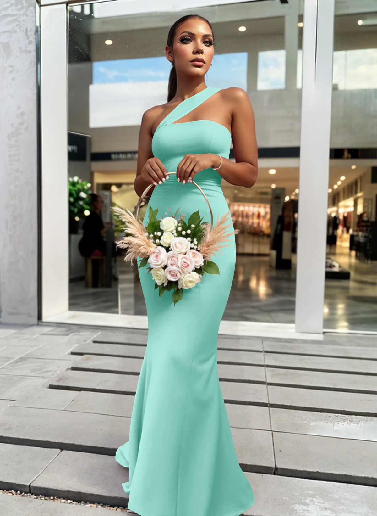 One-Shoulder Trumpet/Mermaid Pink Elastic Satin Bridesmaid Dresses, product image 135