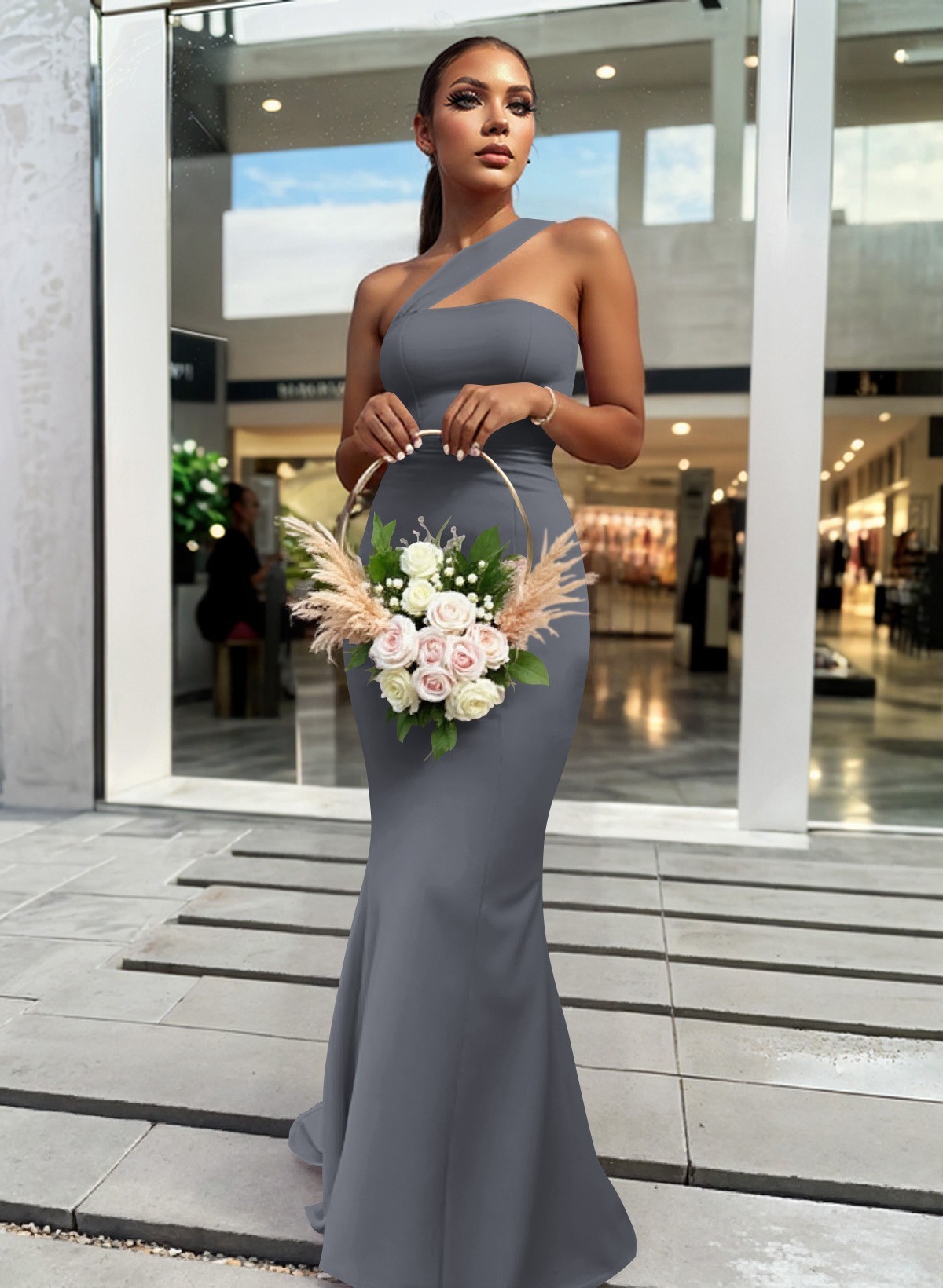 One-Shoulder Trumpet/Mermaid Pink Elastic Satin Bridesmaid Dresses, product image 168