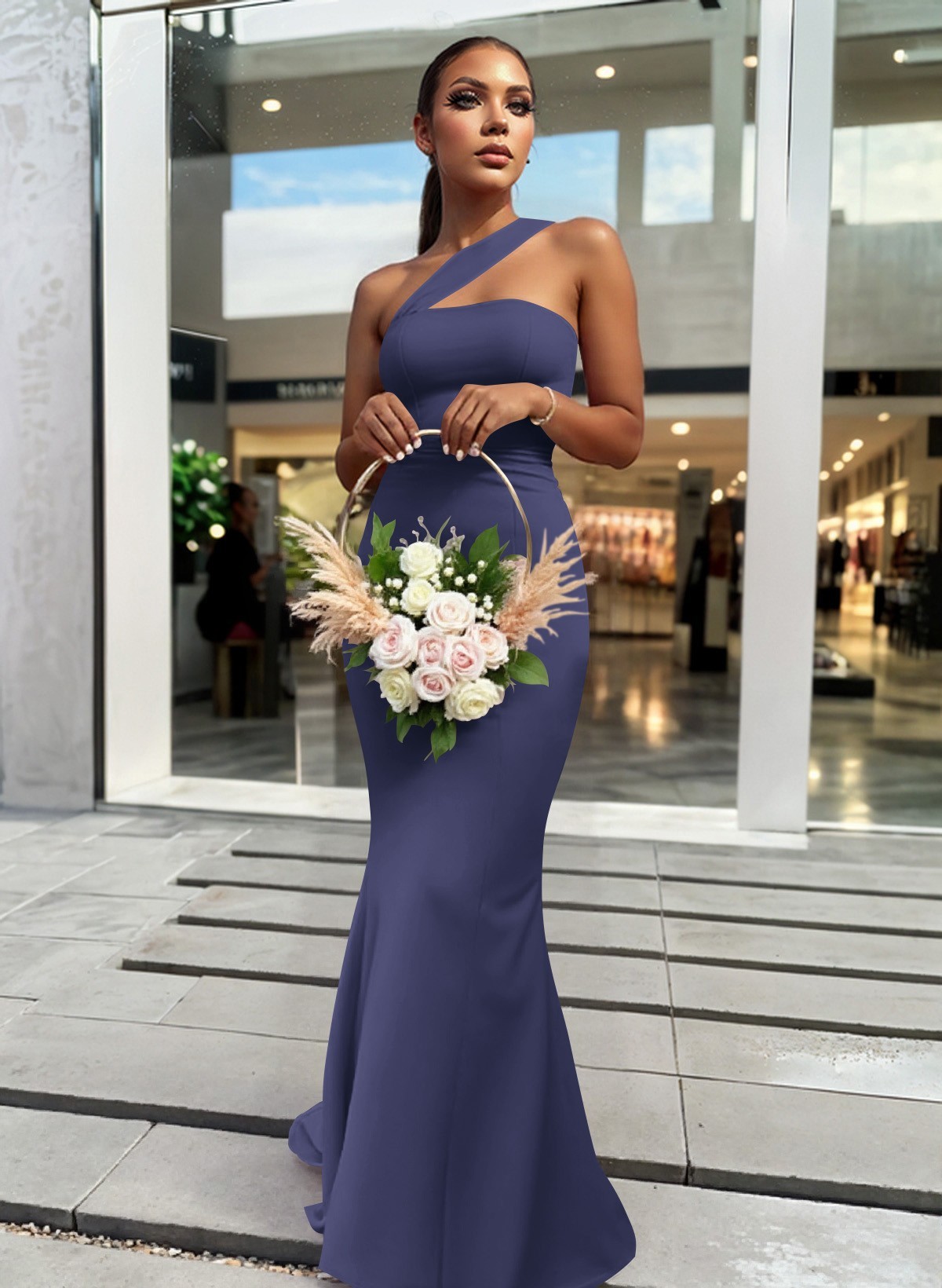 One-Shoulder Trumpet/Mermaid Pink Elastic Satin Bridesmaid Dresses, product image 27