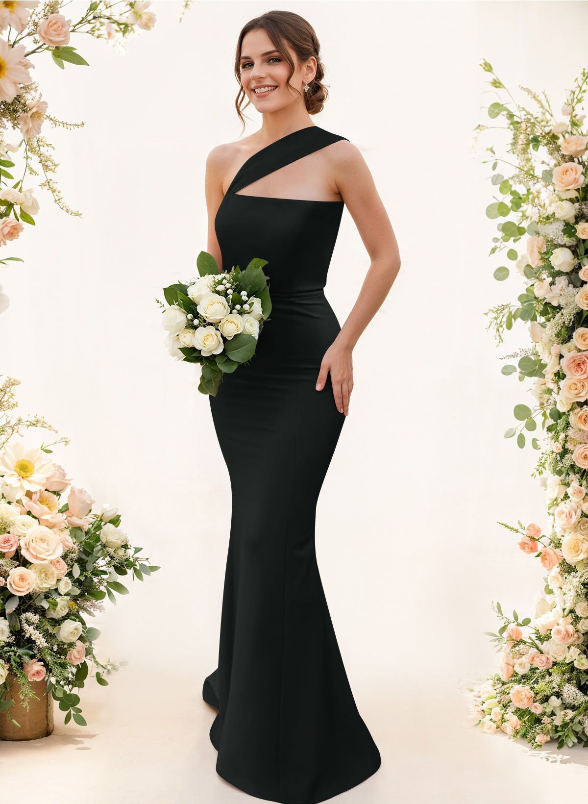 One-Shoulder Trumpet/Mermaid Pink Elastic Satin Bridesmaid Dresses, product image 11