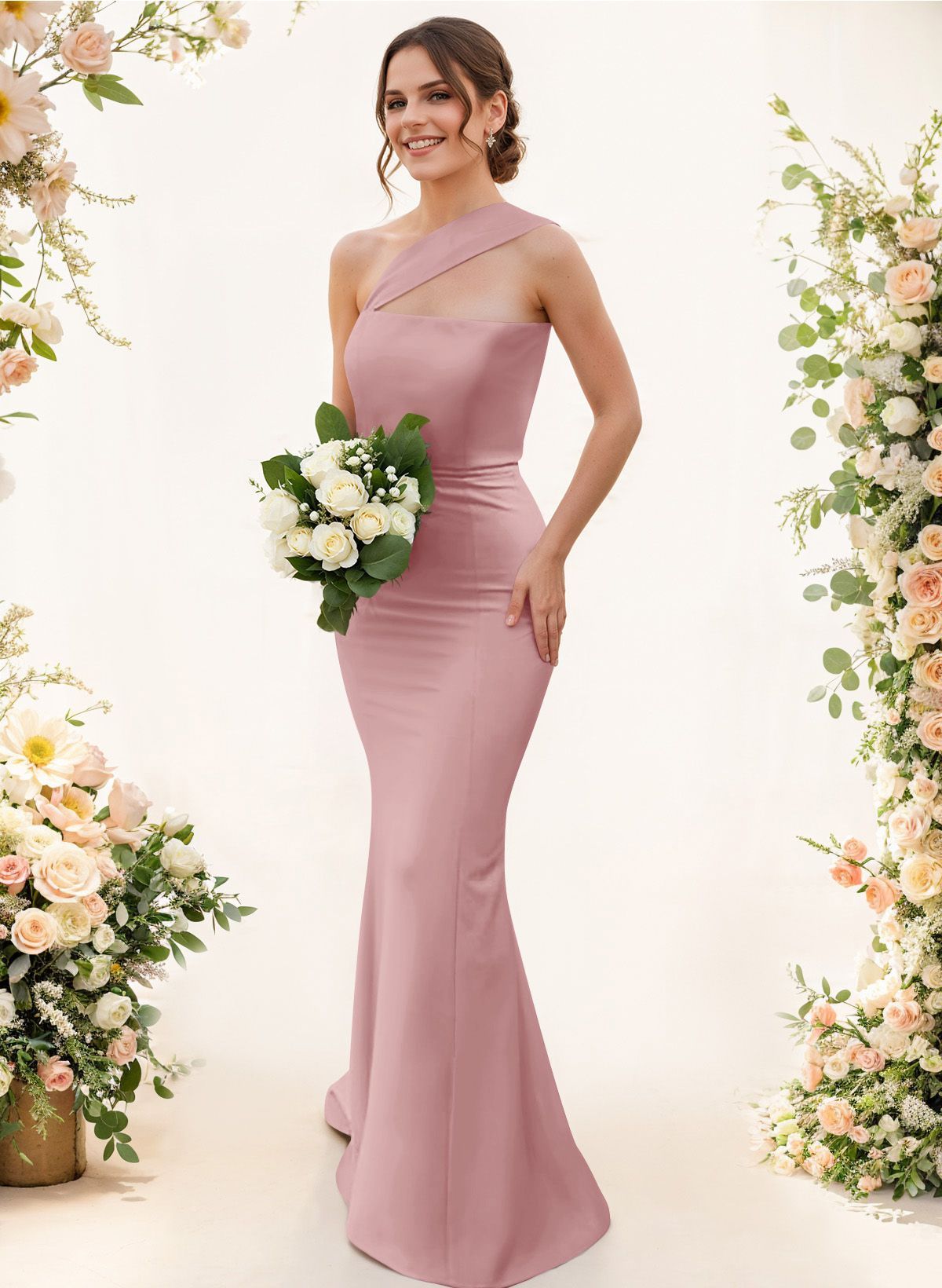 One-Shoulder Trumpet/Mermaid Pink Elastic Satin Bridesmaid Dresses, product image 59