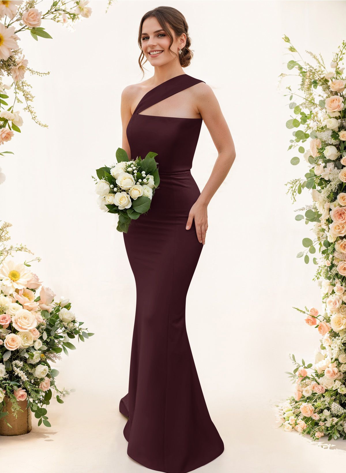 One-Shoulder Trumpet/Mermaid Pink Elastic Satin Bridesmaid Dresses, product image 80