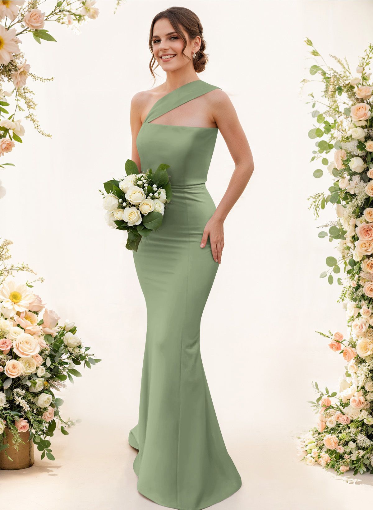 One-Shoulder Trumpet/Mermaid Pink Elastic Satin Bridesmaid Dresses, product image 113