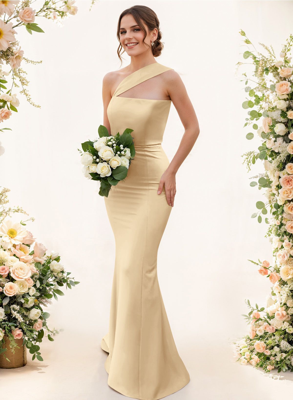 One-Shoulder Trumpet/Mermaid Pink Elastic Satin Bridesmaid Dresses, product image 14