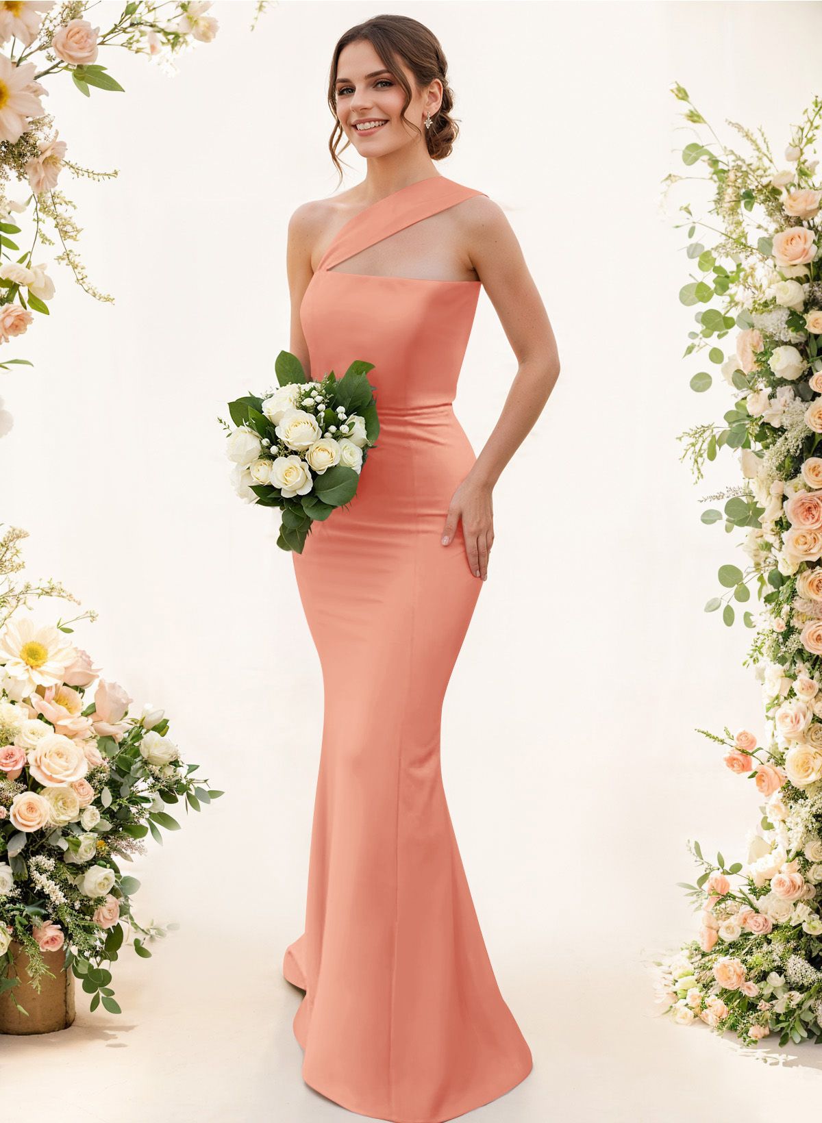 One-Shoulder Trumpet/Mermaid Pink Elastic Satin Bridesmaid Dresses, product image 65