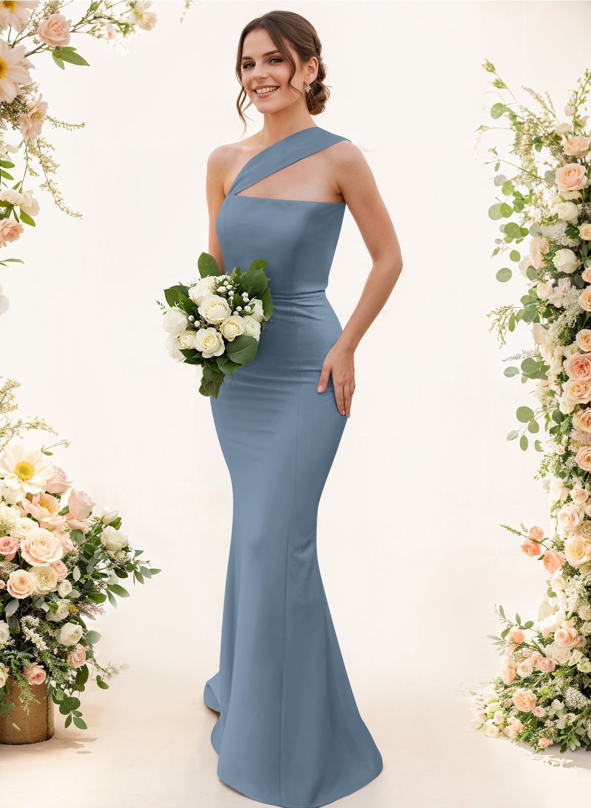 One-Shoulder Trumpet/Mermaid Pink Elastic Satin Bridesmaid Dresses, product image 32